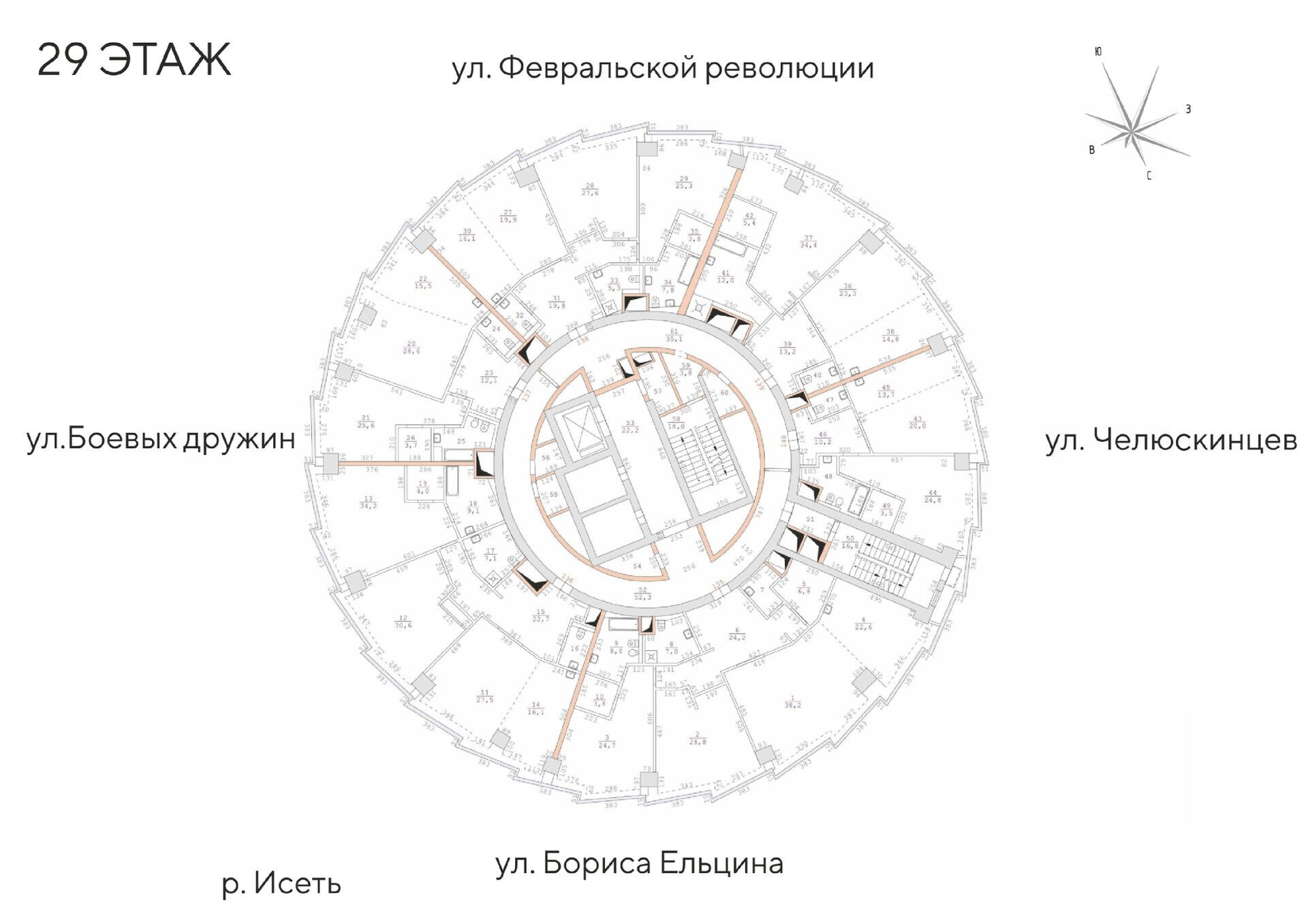 3-комнатная №138, Этаж 29 в ЖК «Башня Исеть» в Екатеринбурге от  «УГМК-Застройщик»