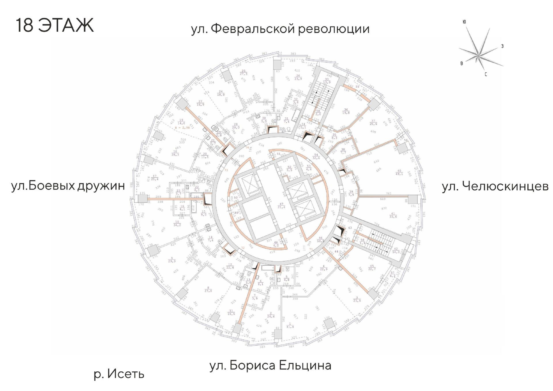 2-комнатная №73, Этаж 18 в ЖК «Башня Исеть» в Екатеринбурге от  «УГМК-Застройщик»