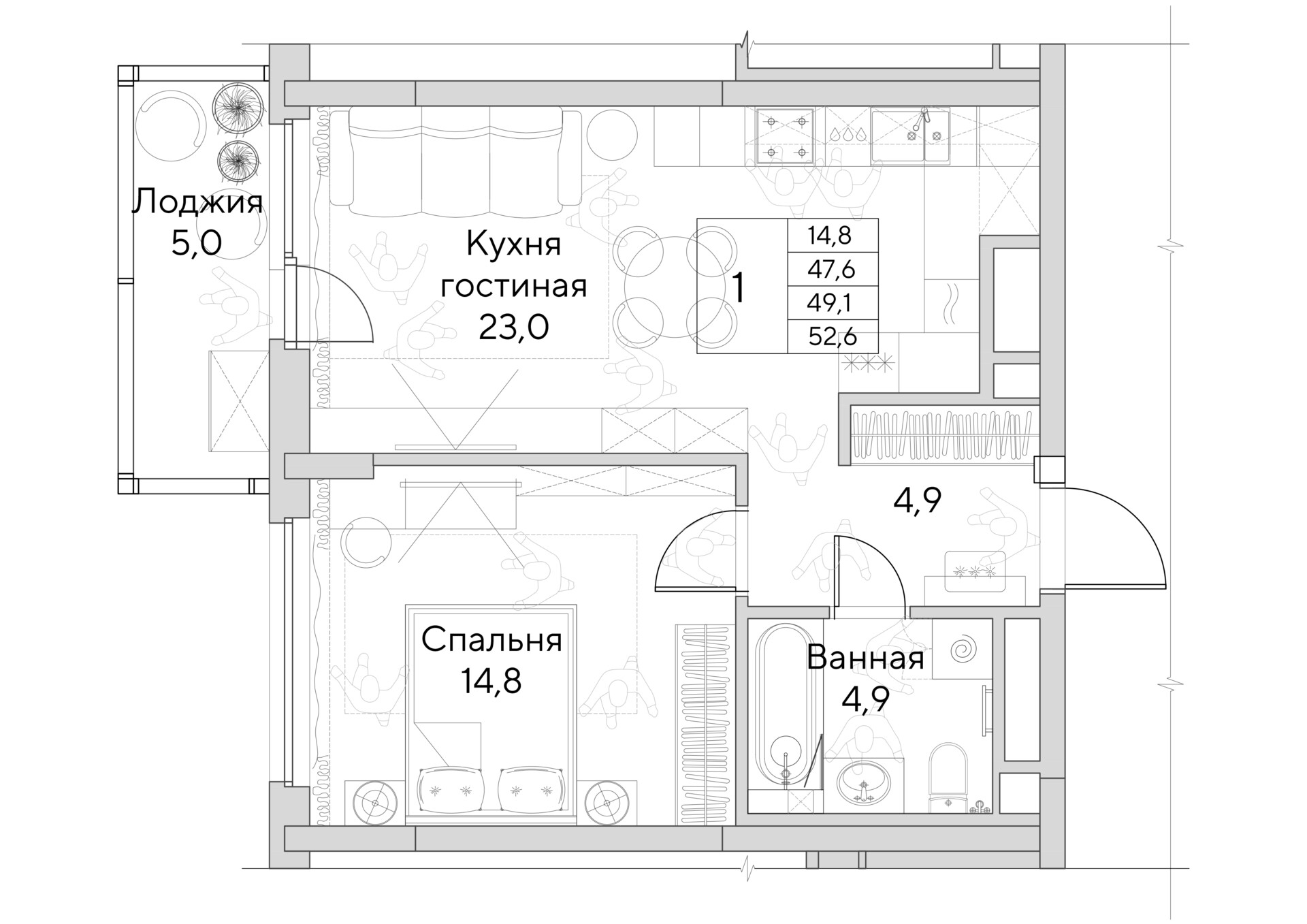 1-комнатная №1.1-3-3, Этаж 3 в ЖК «На Хохрякова» в Екатеринбурге от  «УГМК-Застройщик»