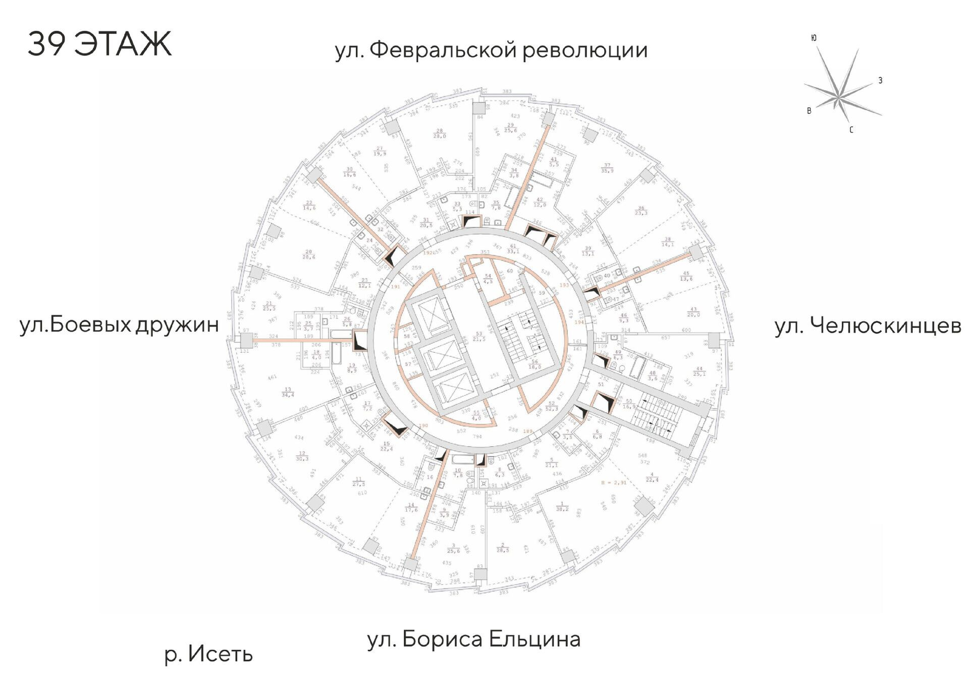 2 к. квартира (апартаменты), Исеть, ул. Бориса Ельцина, д. 6,  кв. 191, пд.1, эт. 39/52, 93 м², 43 178 000 ₽, 464 279,57