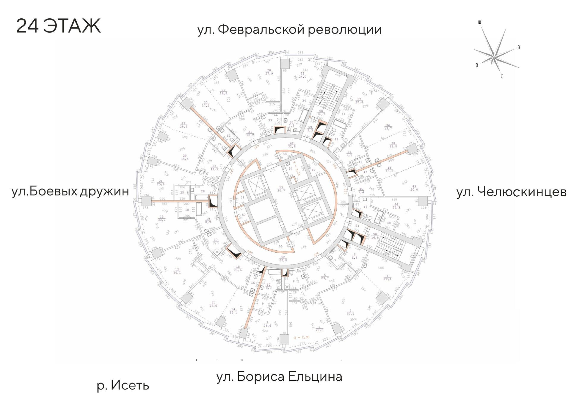 2 к. квартира, Исеть, ул. Бориса Ельцина, д. 6, кв. 109, пд.1, эт. 24/52, 78,6 м², 33 800 000 ₽, 430 025 ₽/м²