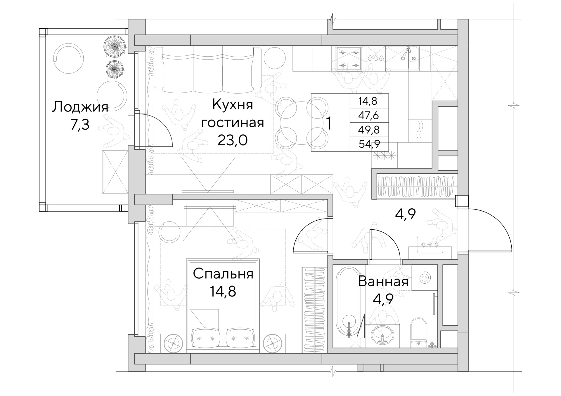 1-комнатная №1.1-13-3, Этаж 13 в ЖК «На Хохрякова» в Екатеринбурге от  «УГМК-Застройщик»