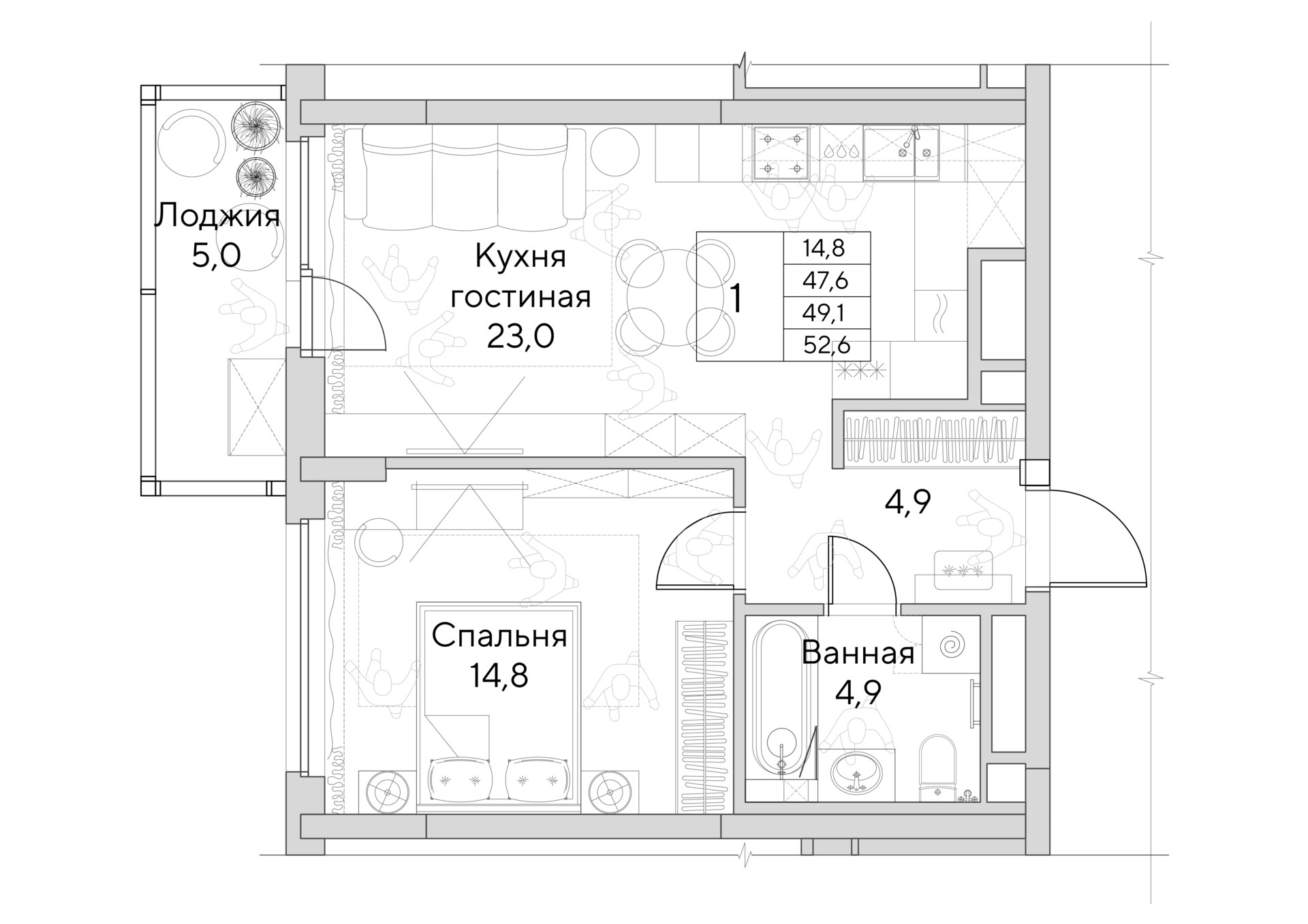 1-комнатная №1.1-6-3, Этаж 6 в ЖК «На Хохрякова» в Екатеринбурге от  «УГМК-Застройщик»