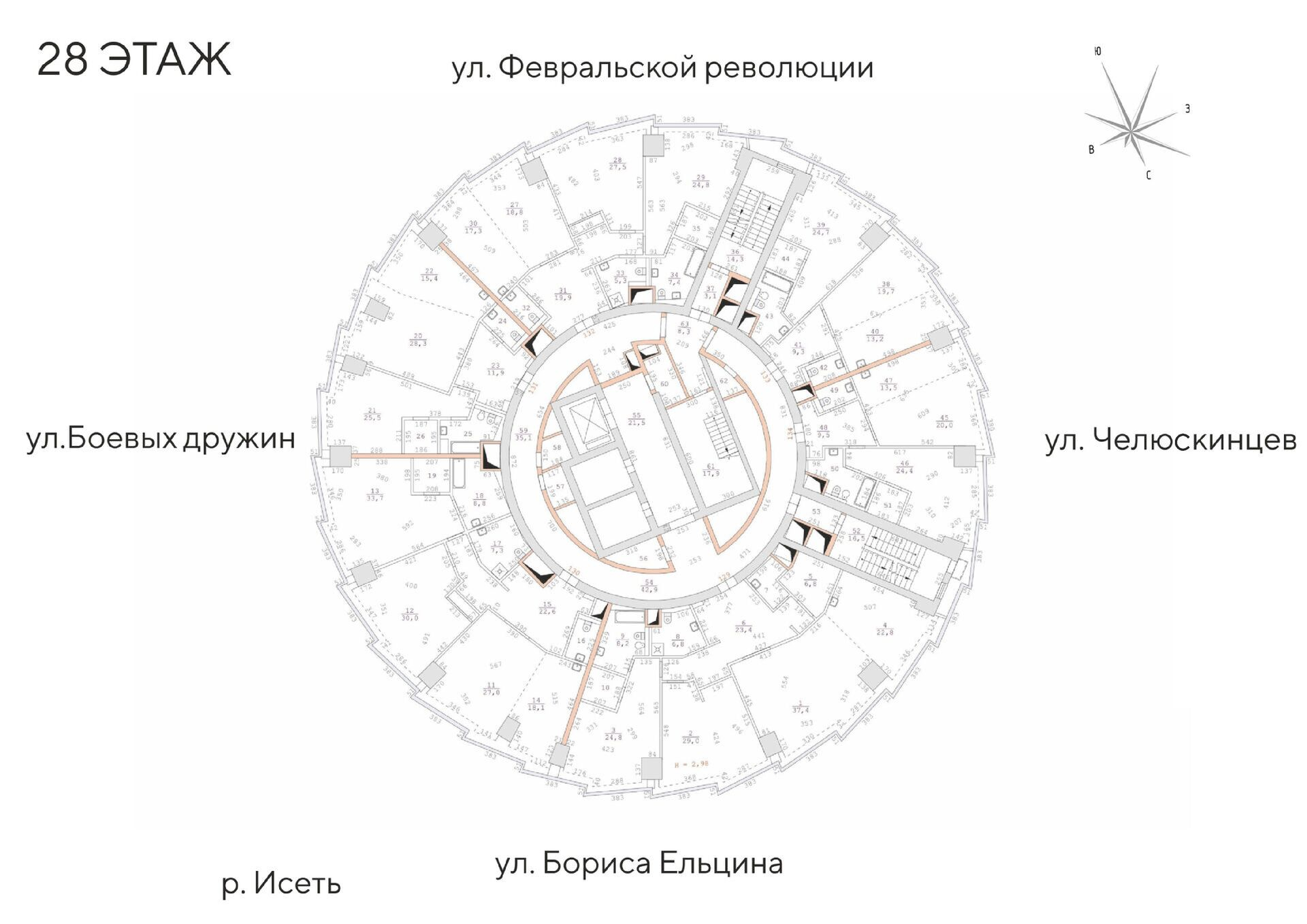 2 к. квартира (апартаменты), Исеть, ул. Бориса Ельцина, д. 6,  кв. 134, пд.1, эт. 28/52, 79,8 м², 28 098 000 ₽, 352 105 ₽/м²