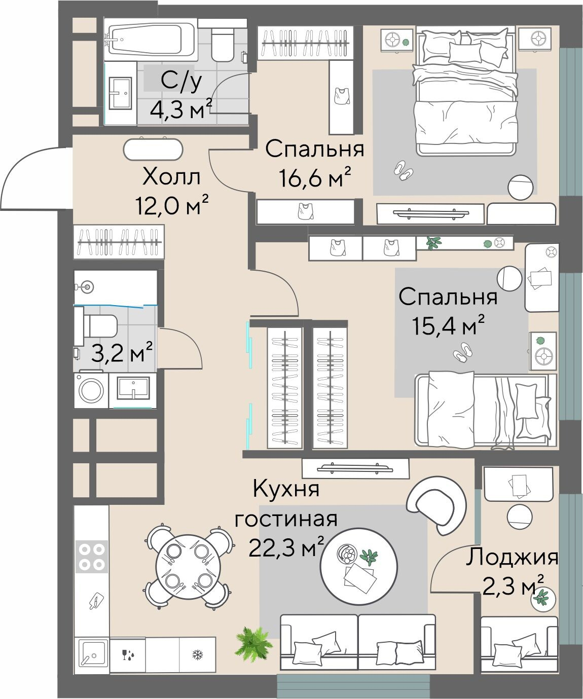 2-комнатная №1.1-2-1, Этаж 2 в ЖК «На Хохрякова» в Екатеринбурге от  «УГМК-Застройщик»