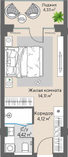 1 к. квартира, Шермонт 1 очередь, ул. Весенняя, д. 62,  кв. 802, пд.1, эт. 8/10, 24.81 м², 9 492 000 ₽, (382 588 ₽/м²)