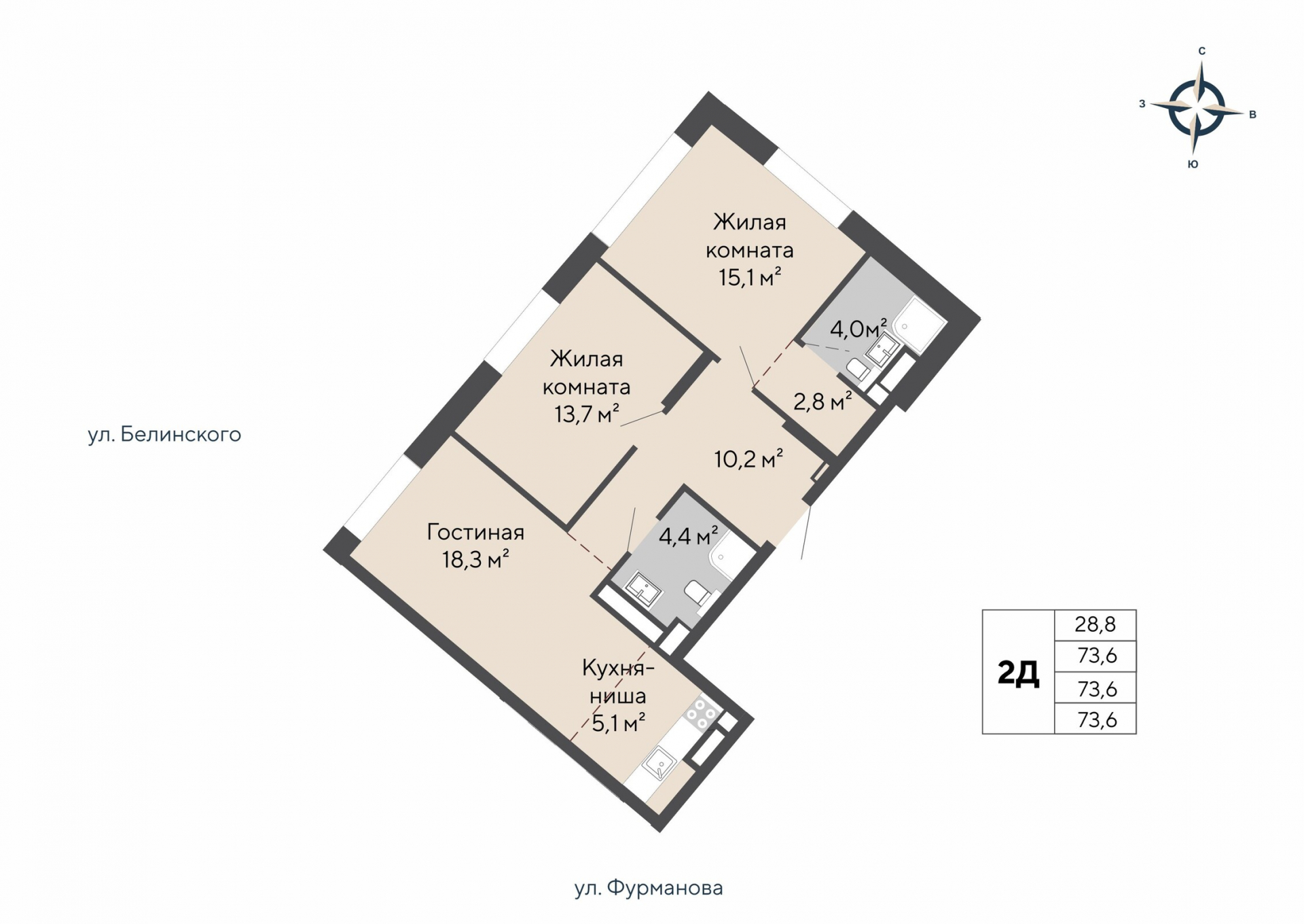 2 к. квартира, ЖК «Никольский» 1 очередь, ул. Белинского, д. 101/2,  кв. К1-25-1, пд.1, эт. 25/28, 73,6 м², 19 365 000 ₽, 263 111 ₽/м²