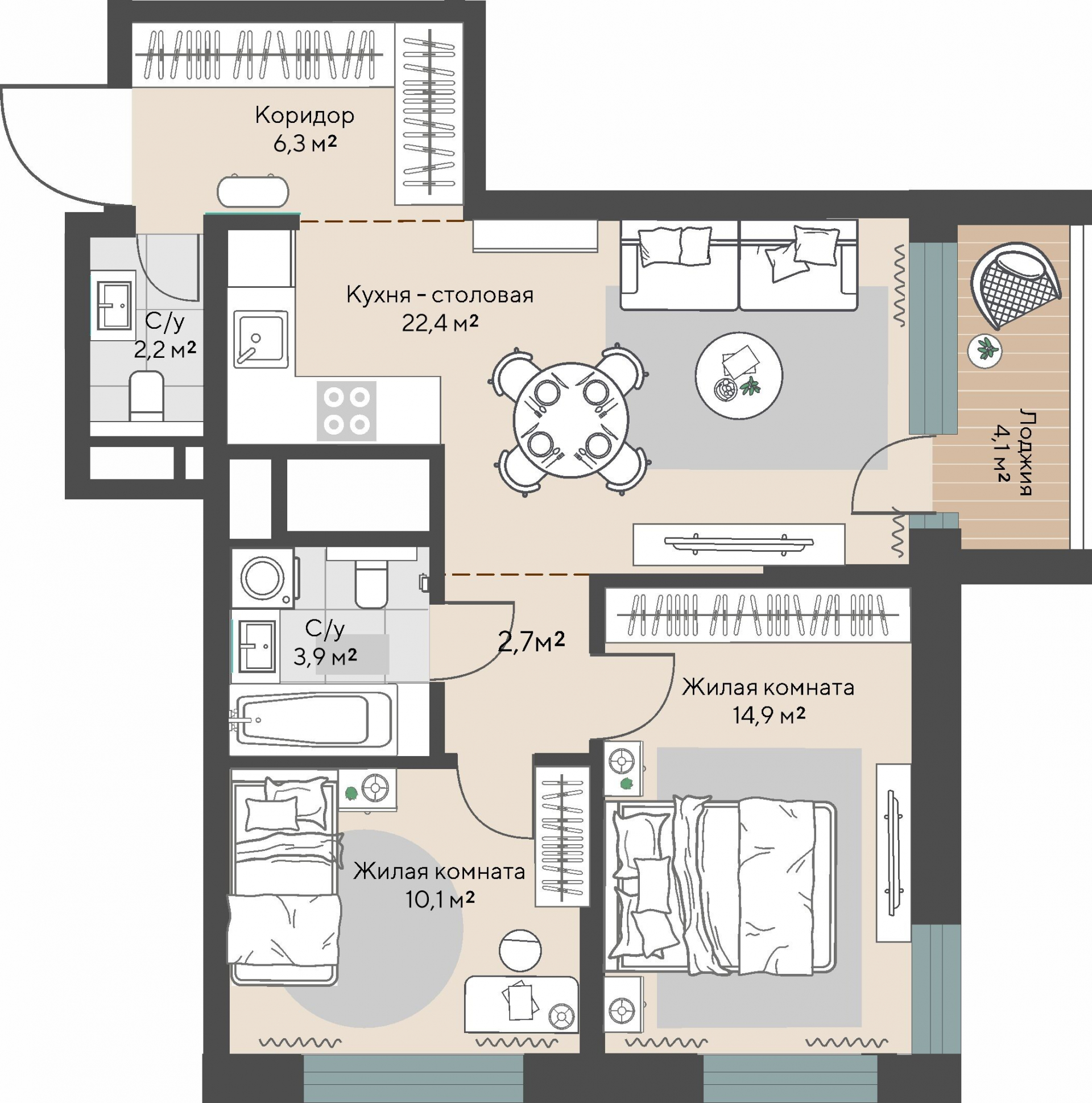 2 к. квартира, пр-кт Космонавтов 108, 6 квартал,жилой дом №1, кв. 181, пд.1, эт. 22/30, 64,6 м², 9 912 000 ₽, 153 437 ₽/м²