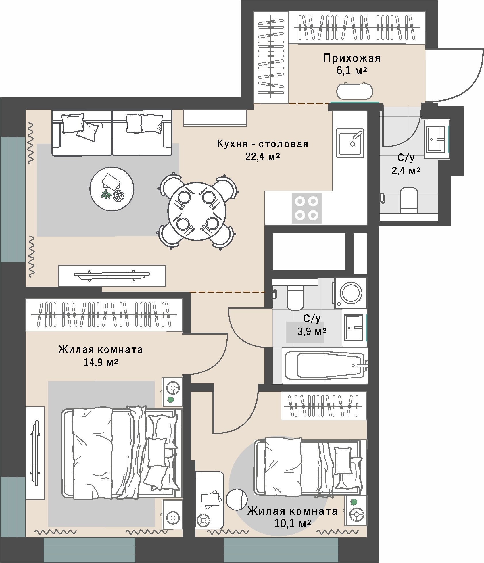 2 к. квартира, ЖК «Изумрудный бор» 6 квартал_1 строительства_подэтап 1.2 очередь, пр-кт Космонавтов, д. 108,  кв. 143, пд.1, эт. 18/29, 62,5 м², 9 481 000 ₽, 151 696 ₽/м²