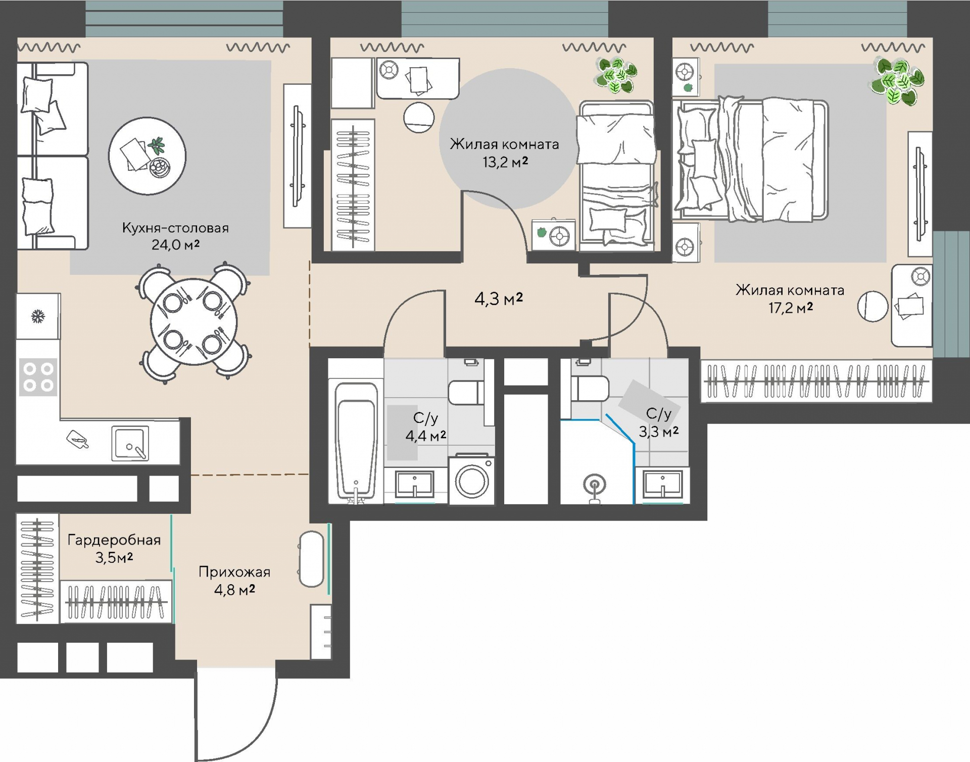 2 к. квартира, пр-кт Космонавтов 108, 6 квартал,жилой дом №1, кв. 196, пд.1, эт. 24/30, 76,5 м², 11 213 000 ₽, 146 575 ₽/м²
