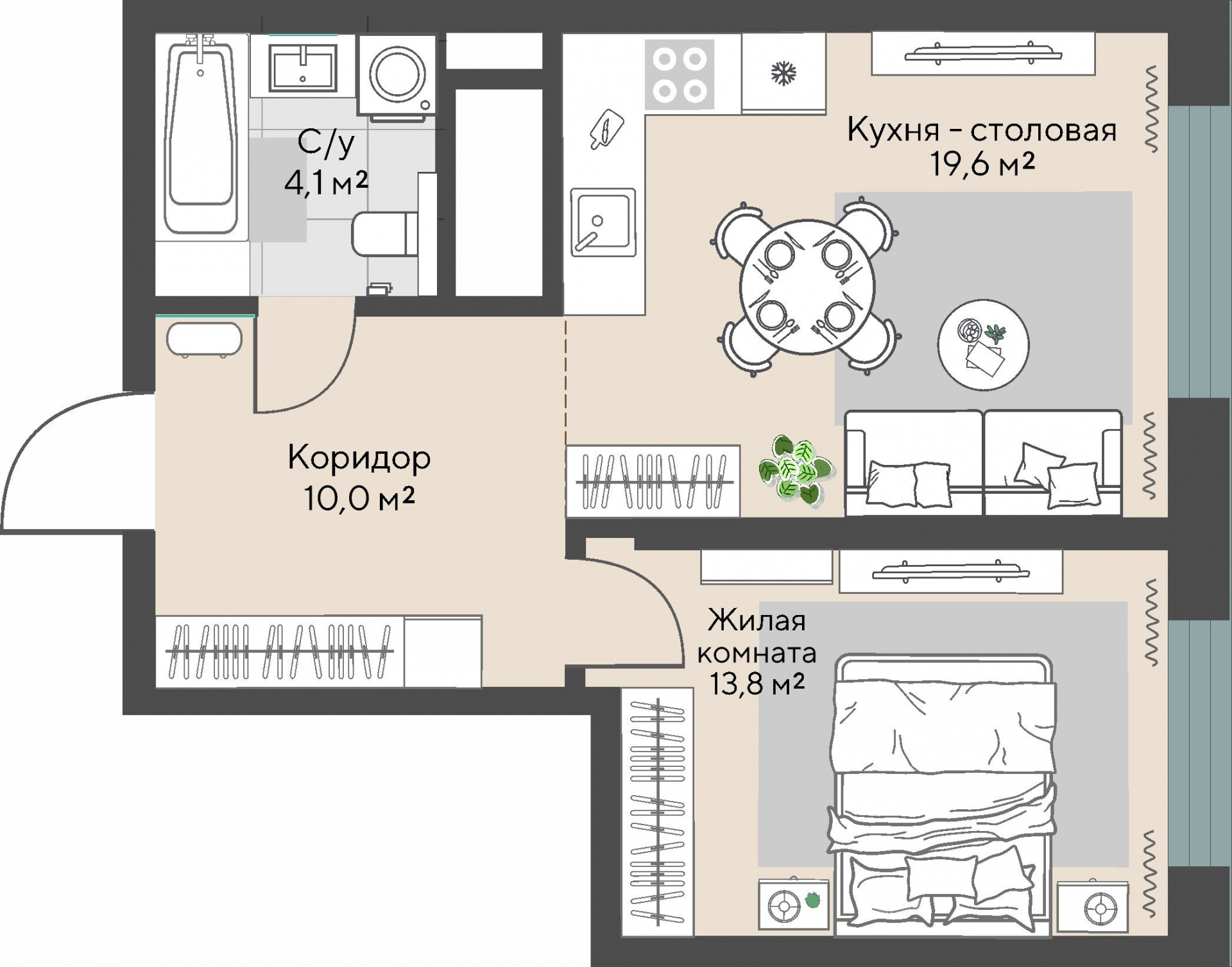 1 к. квартира, пр-кт Космонавтов 108, 6 квартал,жилой дом №1, кв. 9, пд.1, эт. 3/30, 45,8 м², 7 380 000 ₽, 161 135 ₽/м²