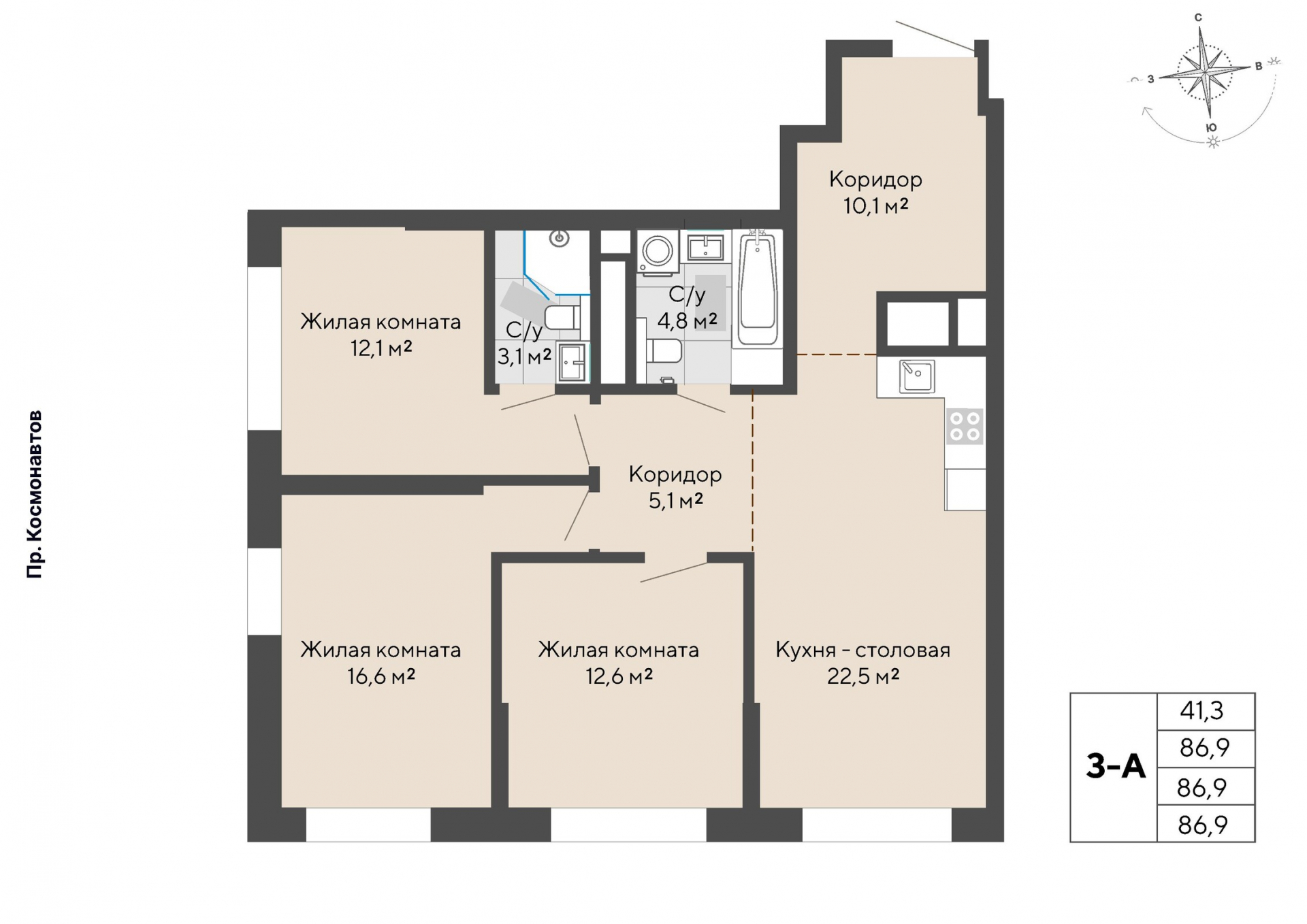3 к. квартира, пр-кт Космонавтов 108, 6 квартал,жилой дом №1, кв. 129, пд.1, эт. 16/30, 86,9 м², 12 056 000 ₽, 138 734 ₽/м²