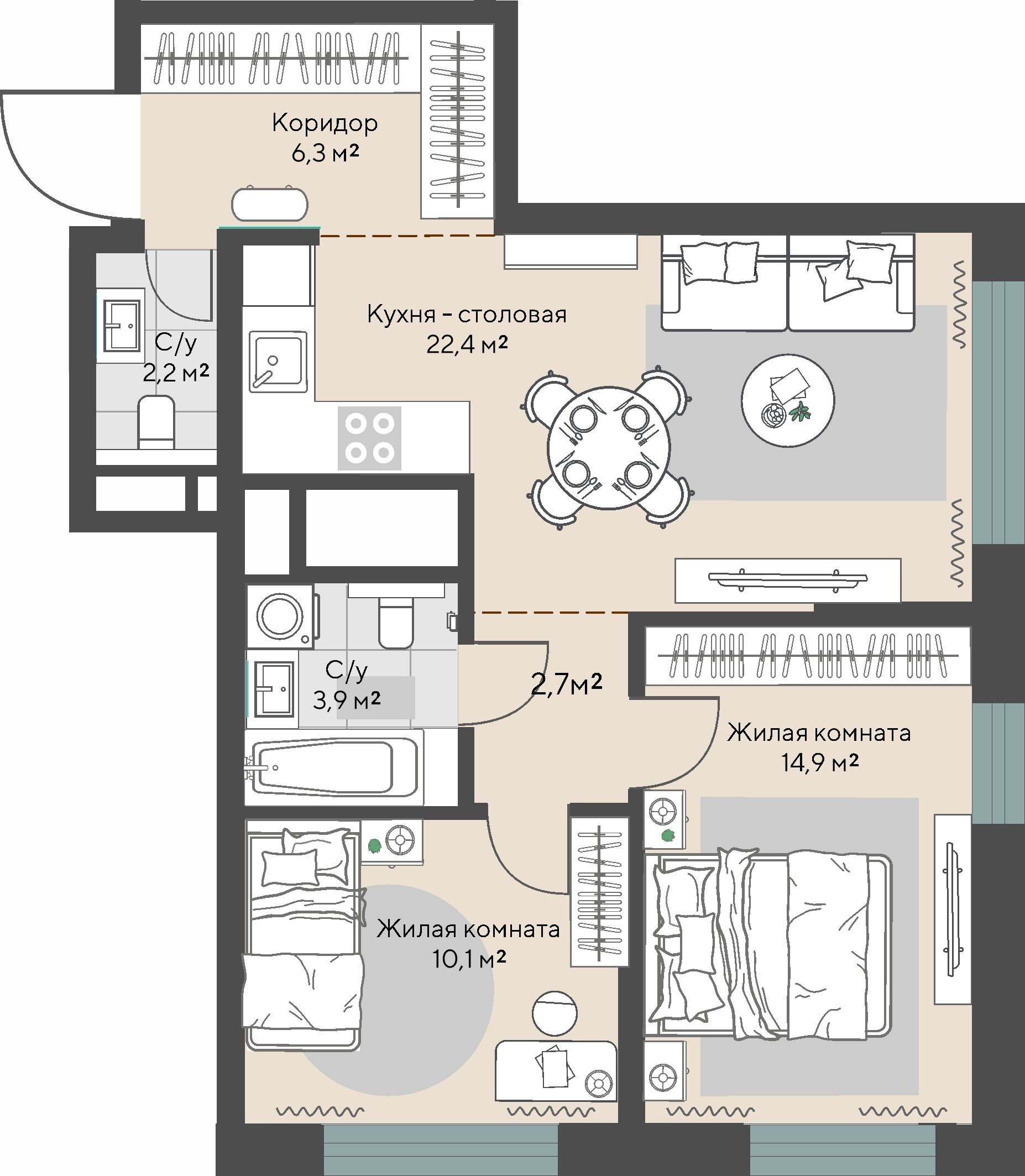 2 к. квартира, пр-кт Космонавтов 108, 6 квартал,жилой дом №1, кв. 37, пд.1, эт. 6/30, 62,5 м², 9 106 000 ₽, 145 696 ₽/м²