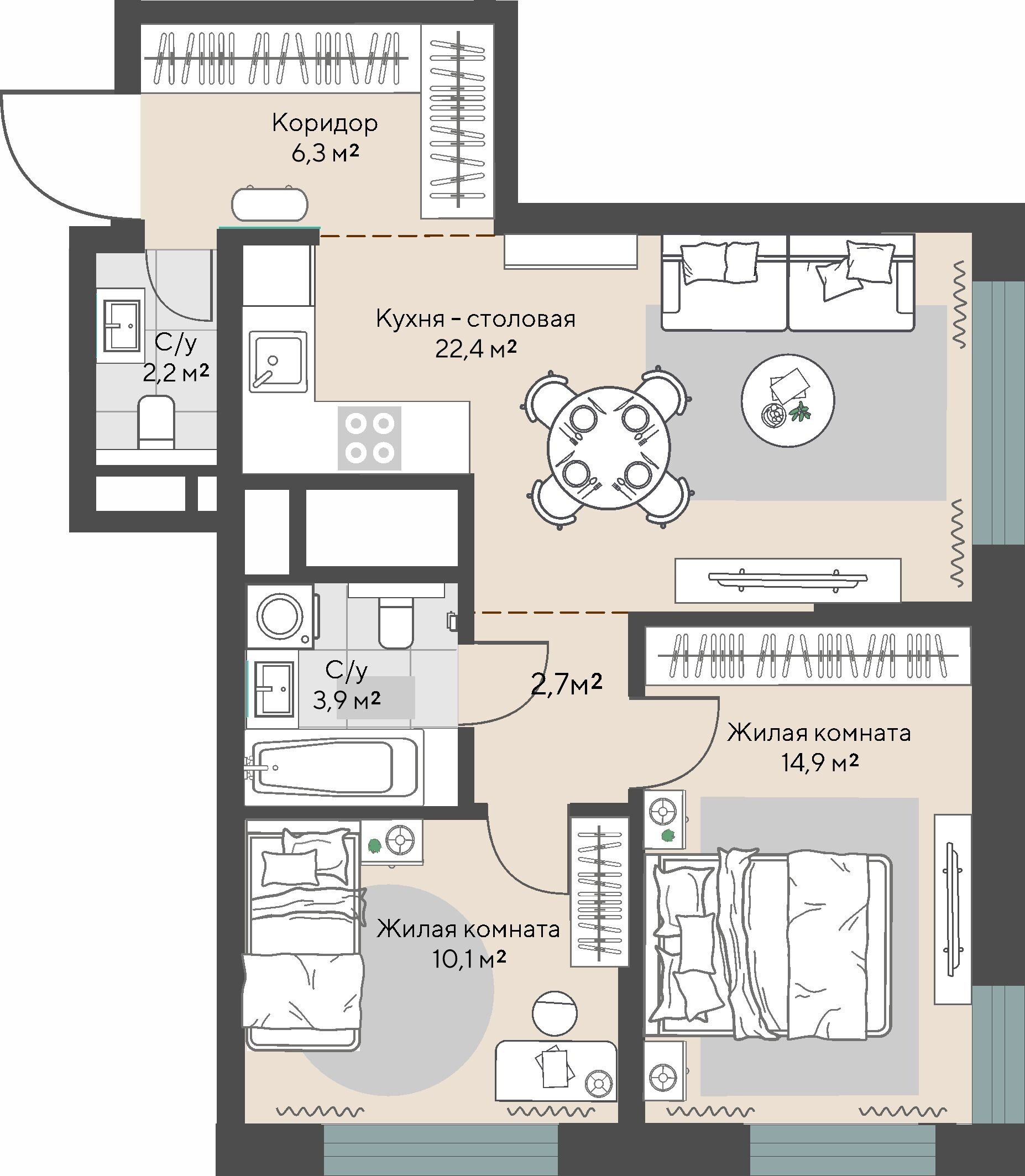 2 к. квартира, пр-кт Космонавтов 108, 6 квартал,жилой дом №1, кв. 64, пд.1, эт. 9/30, 62,5 м², 9 155 000 ₽, 146 480 ₽/м²