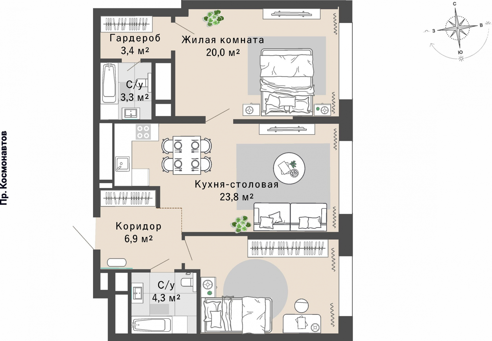 2 к. квартира, ЖК «Изумрудный бор» 6 квартал_1 строительства_подэтап 1.2 очередь, пр-кт Космонавтов, д. 108,  кв. 8, пд.1, эт. 3/29, 76,9 м², 10 689 000 ₽, 138 999 ₽/м²