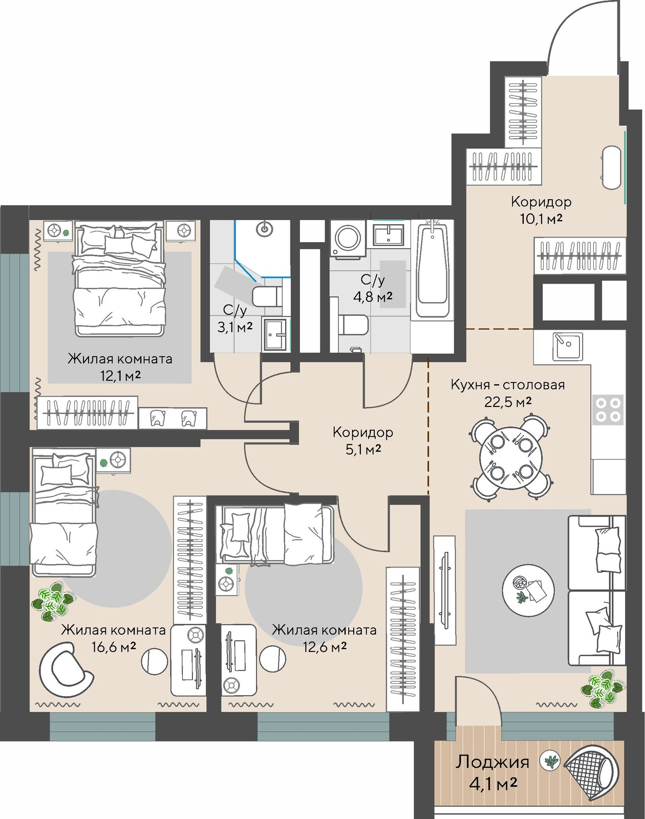 3 к. квартира, пр-кт Космонавтов 108, 6 квартал,жилой дом №1, кв. 66, пд.1, эт. 9/30, 89 м², 12 668 000 ₽, 142 337 ₽/м²