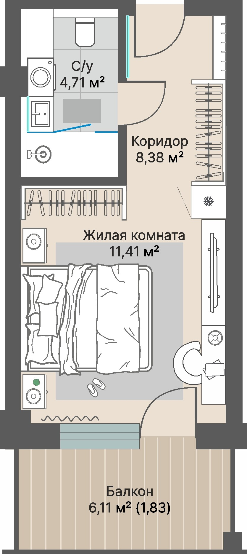1 к. квартира (гостиничный номер), отель Шермонт 3 очередь, ул. Весенняя,  кв. 709, пд.1, эт. 7/12, 26,33 м², 11 010 000 ₽, 418 154 ₽/м²