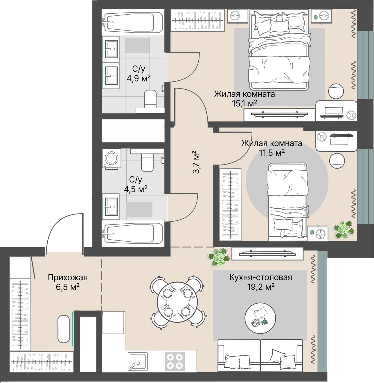 2 к. квартира, «Уралмаш_Дом №1» 1 этап строительства_секция  С1 очередь, пр-кт Космонавтов, д. 25(Уралмаш),  кв. 10, пд.1, эт. 4/29, 65,4 м², 11 810 000 ₽, 180 581 ₽/м²