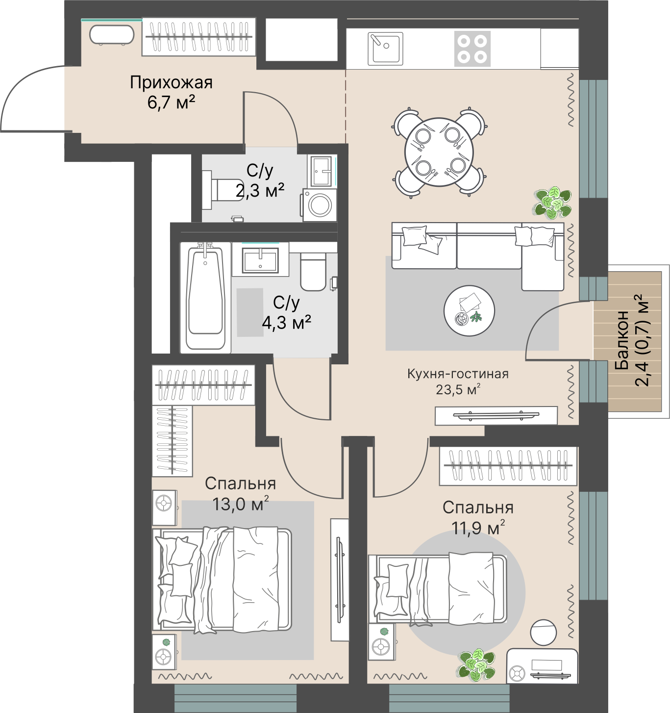 2 к. квартира, «Уралмаш_Дом №1» 1 этап строительства_секция  С1 очередь, пр-кт Космонавтов, д. 25(Уралмаш),  кв. 32, пд.1, эт. 6/29, 62,4 м², 12 104 000 ₽, 193 974 ₽/м²
