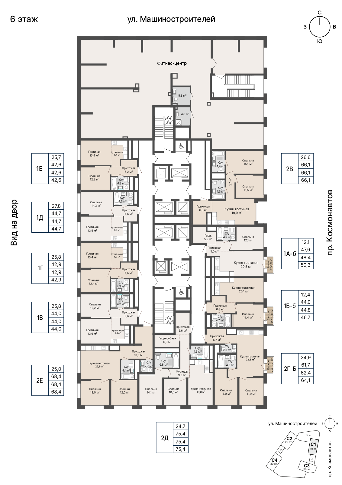 2 к. квартира, «Уралмаш_Дом №1» 1 этап строительства_секция  С1 очередь, пр-кт Космонавтов, д. 25(Уралмаш),  кв. 29, пд.1, эт. 6/29, 66,1 м², 12 536 000 ₽, 189 652 ₽/м²