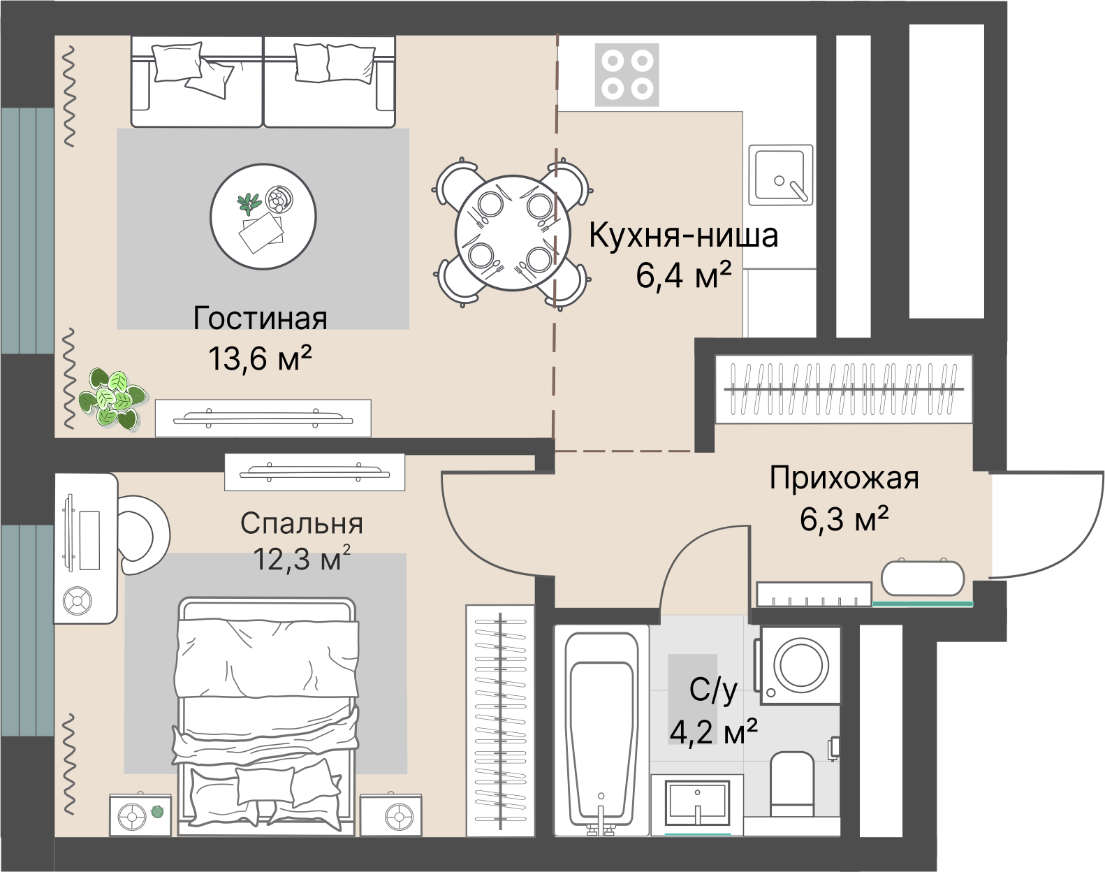 2 к. квартира, «Уралмаш_Дом №1» 1 этап строительства_секция  С1 очередь, пр-кт Космонавтов, д. 25(Уралмаш),  кв. 130, пд.1, эт. 13/29, 42,8 м², 9 159 000 ₽, 213 995 ₽/м²