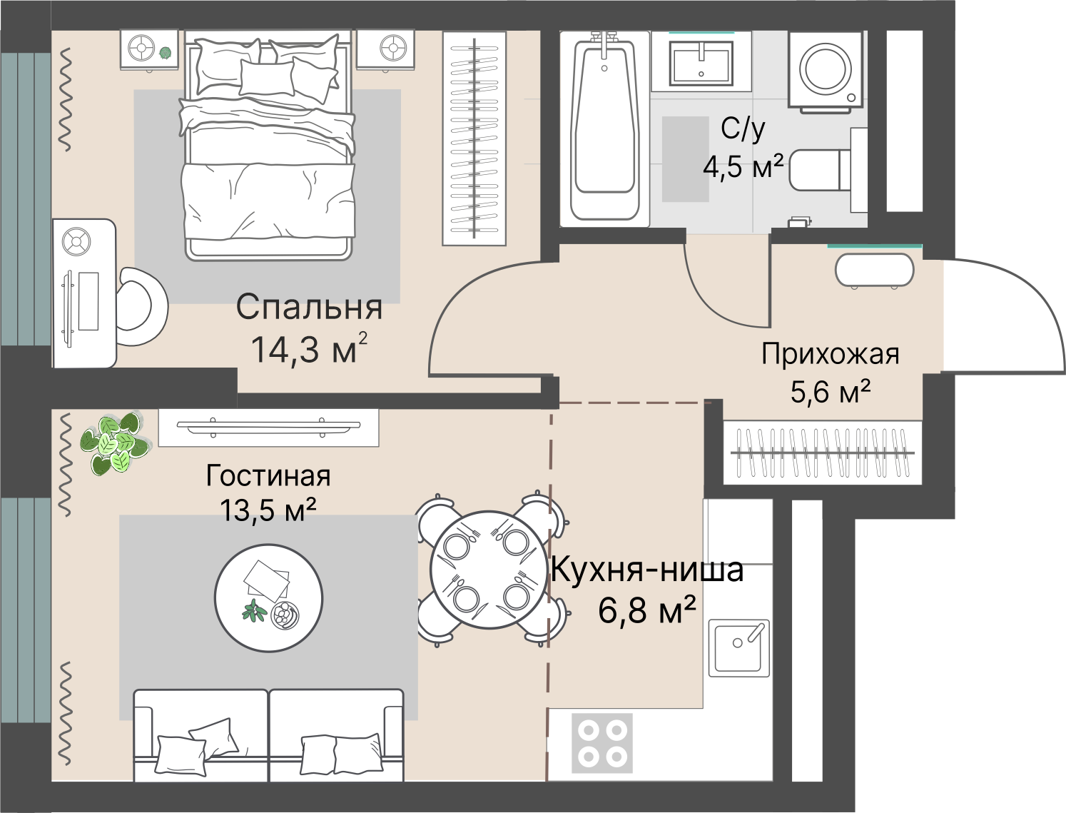 2 к. квартира, «Уралмаш_Дом №1» 1 этап строительства_секция  С1 очередь, пр-кт Космонавтов, д. 25(Уралмаш),  кв. 73, пд.1, эт. 9/29, 44,7 м², 9 503 000 ₽, 212 595 ₽/м²