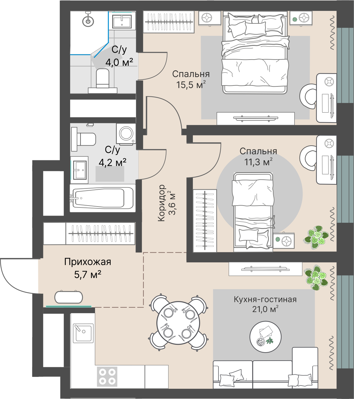 2 к. квартира, «Уралмаш_Дом №1» 1 этап строительства_секция  С1 очередь, пр-кт Космонавтов, д. 25(Уралмаш),  кв. 188, пд.1, эт. 18/29, 65,3 м², 12 247 000 ₽, 187 550 ₽/м²