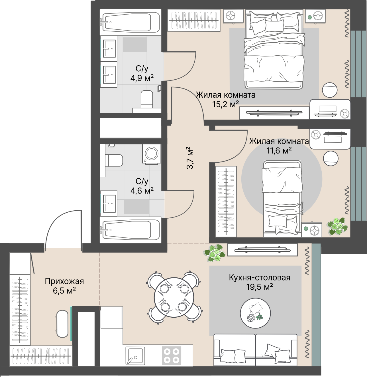 2 к. квартира, «Уралмаш_Дом №1» 1 этап строительства_секция  С1 очередь, пр-кт Космонавтов, д. 25(Уралмаш),  кв. 189, пд.1, эт. 18/29, 66 м², 12 450 000 ₽, 188 636 ₽/м²