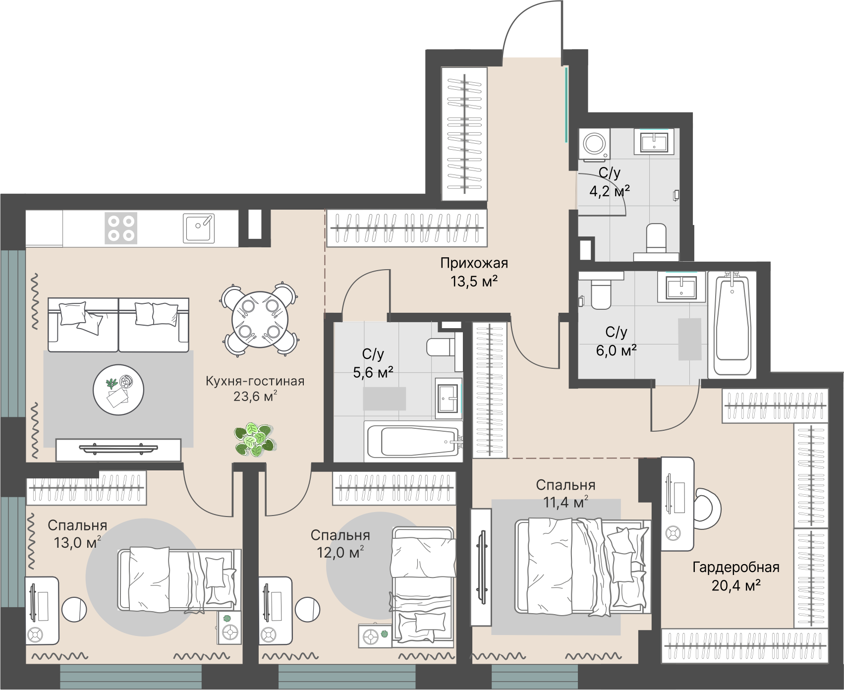 3 к. квартира, «Уралмаш_Дом №1» 1 этап строительства_секция  С1 очередь, пр-кт Космонавтов, д. 25(Уралмаш),  кв. 5, пд.1, эт. 3/29, 109,7 м², 18 870 000 ₽, 172 015 ₽/м²