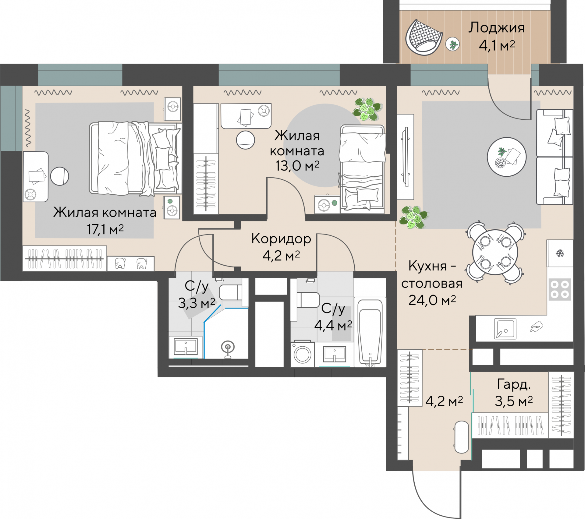 2 к. квартира, ЖК «Изумрудный бор» 6 квартал_1 строительства_подэтап 1.2 очередь, пр-кт Космонавтов, д. 108,  кв. 155, пд.1, эт. 19/29, 75,8 м², 11 236 000 ₽, 148 232 ₽/м²