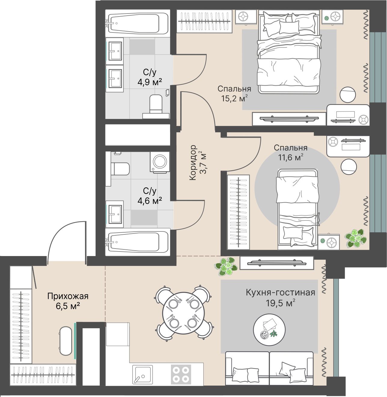 2 к. квартира, «Уралмаш_Дом №1» 1 этап строительства_секция  С1 очередь, пр-кт Космонавтов, д. 25(Уралмаш),  кв. 93, пд.1, эт. 11/29, 66 м², 12 571 000 ₽, 190 470 ₽/м²