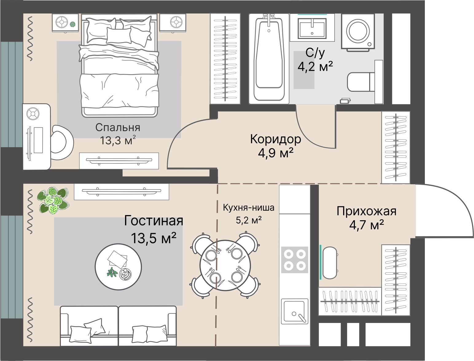 2 к. квартира, «Уралмаш_Дом №1» 1 этап строительства_секция  С1 очередь, пр-кт Космонавтов, д. 25(Уралмаш),  кв. 61, пд.1, эт. 8/29, 45,8 м², 9 250 000 ₽, 201 965 ₽/м²