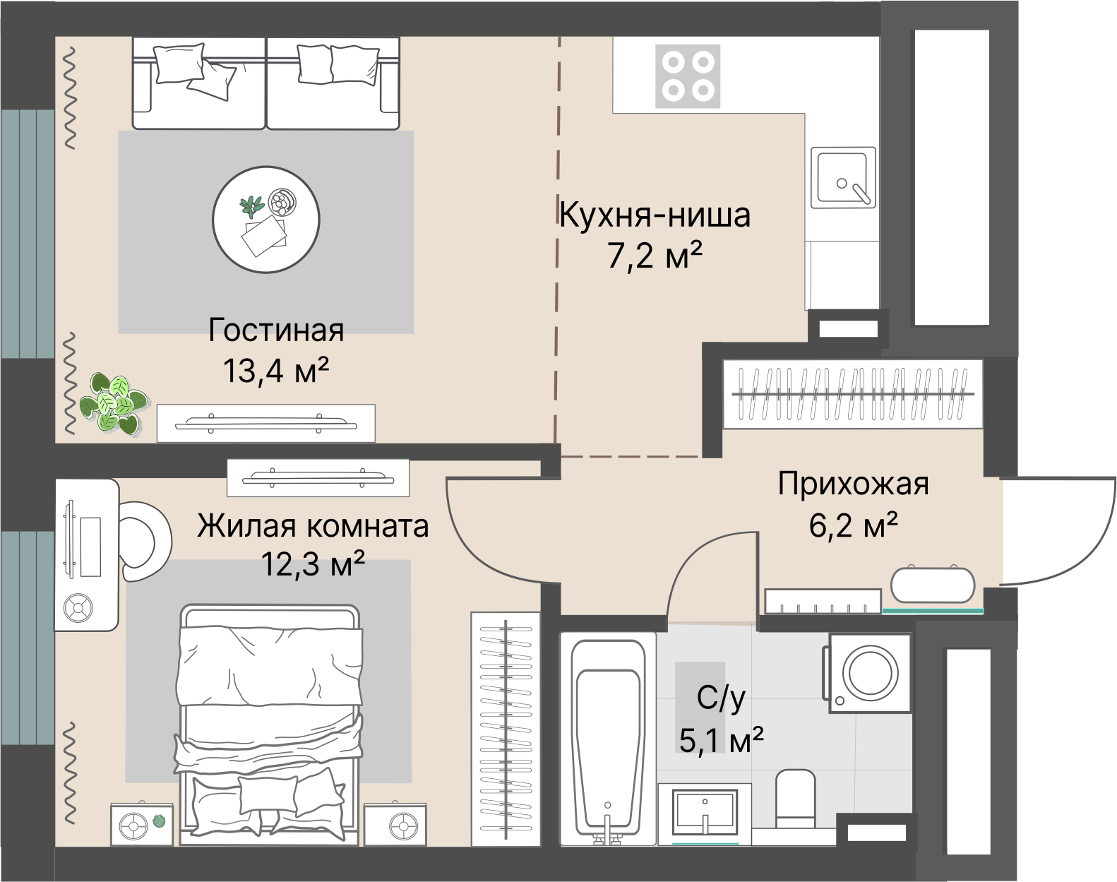 2 к. квартира, «Уралмаш_Дом №1» 1 этап строительства_секция  С1 очередь, пр-кт Космонавтов, д. 25(Уралмаш),  кв. 9, пд.1, эт. 3/29, 44,2 м², 9 305 000 ₽, 210 520 ₽/м²