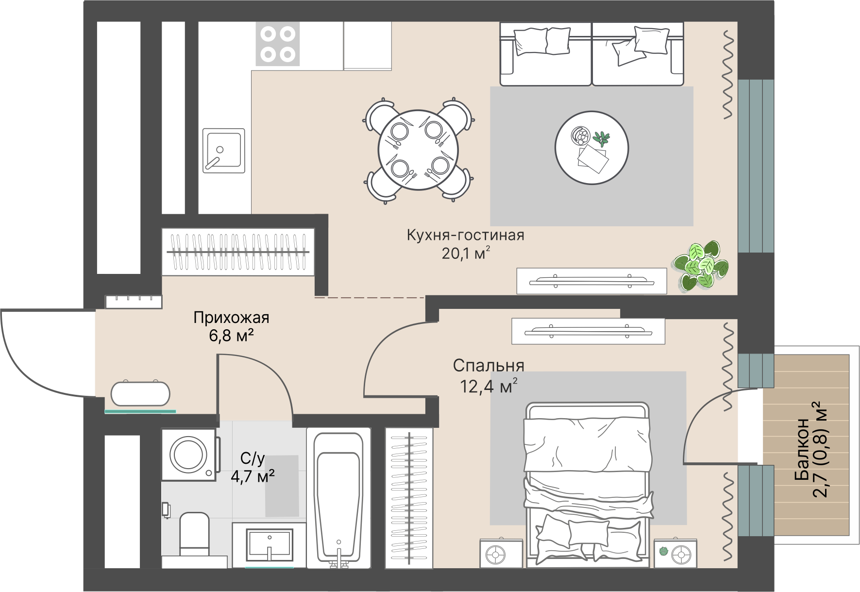 1 к. квартира, «Уралмаш_Дом №1» 1 этап строительства_секция  С1 очередь, пр-кт Космонавтов, д. 25(Уралмаш),  кв. 12, пд.1, эт. 4/29, 44,8 м², 9 549 000 ₽, 213 147 ₽/м²