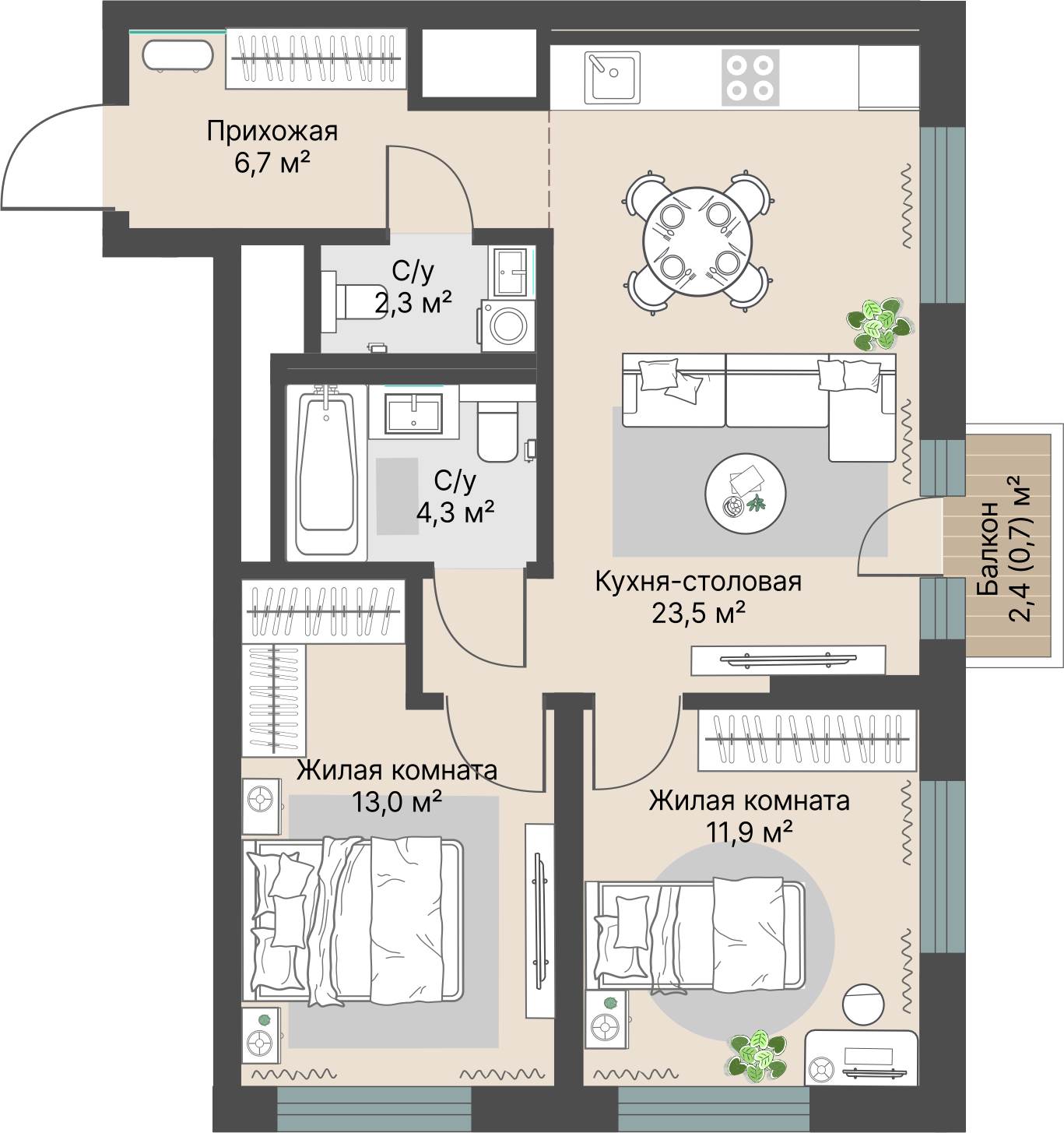 2 к. квартира, «Уралмаш_Дом №1» 1 этап строительства_секция  С1 очередь, пр-кт Космонавтов, д. 25(Уралмаш),  кв. 32, пд.1, эт. 6/29, 62,4 м², 11 660 000 ₽, 186 859 ₽/м²