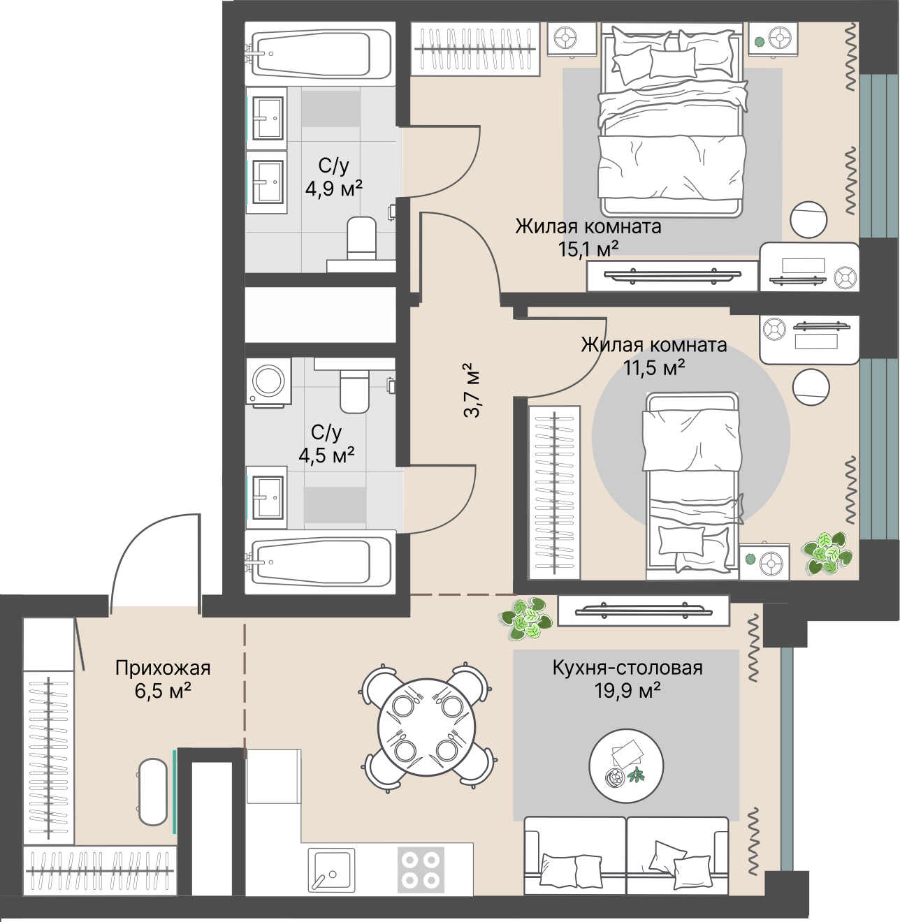2 к. квартира, «Уралмаш_Дом №1» 1 этап строительства_секция  С1 очередь, пр-кт Космонавтов, д. 25(Уралмаш),  кв. 51, пд.1, эт. 8/29, 66,1 м², 12 040 000 ₽, 182 148 ₽/м²