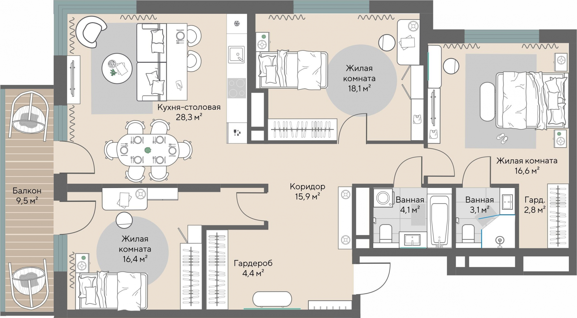 3 к. квартира, ЖК «Нагорный» 2 очередь, ул. Нагорная, д. 16,  кв. 1.6-7-4, пд.3, эт. 7/28, 112,6 м², 23 361 000 ₽, 207 469 ₽/м²