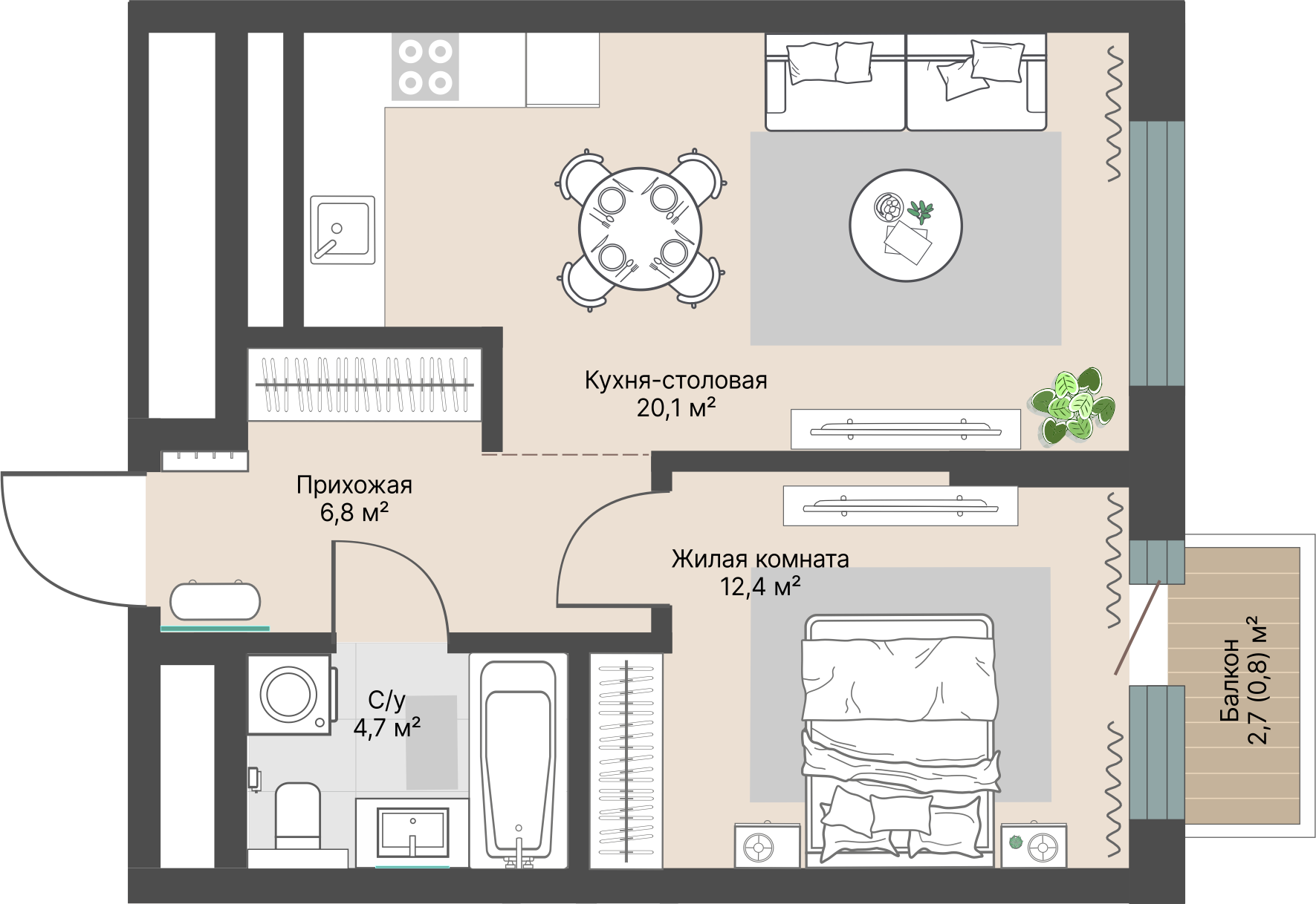 1 к. квартира, «Уралмаш_Дом №1» 1 этап строительства_секция  С1 очередь, пр-кт Космонавтов, д. 25(Уралмаш),  кв. 12, пд.1, эт. 4/29, 44,8 м², 9 270 000 ₽, 206 920 ₽/м²