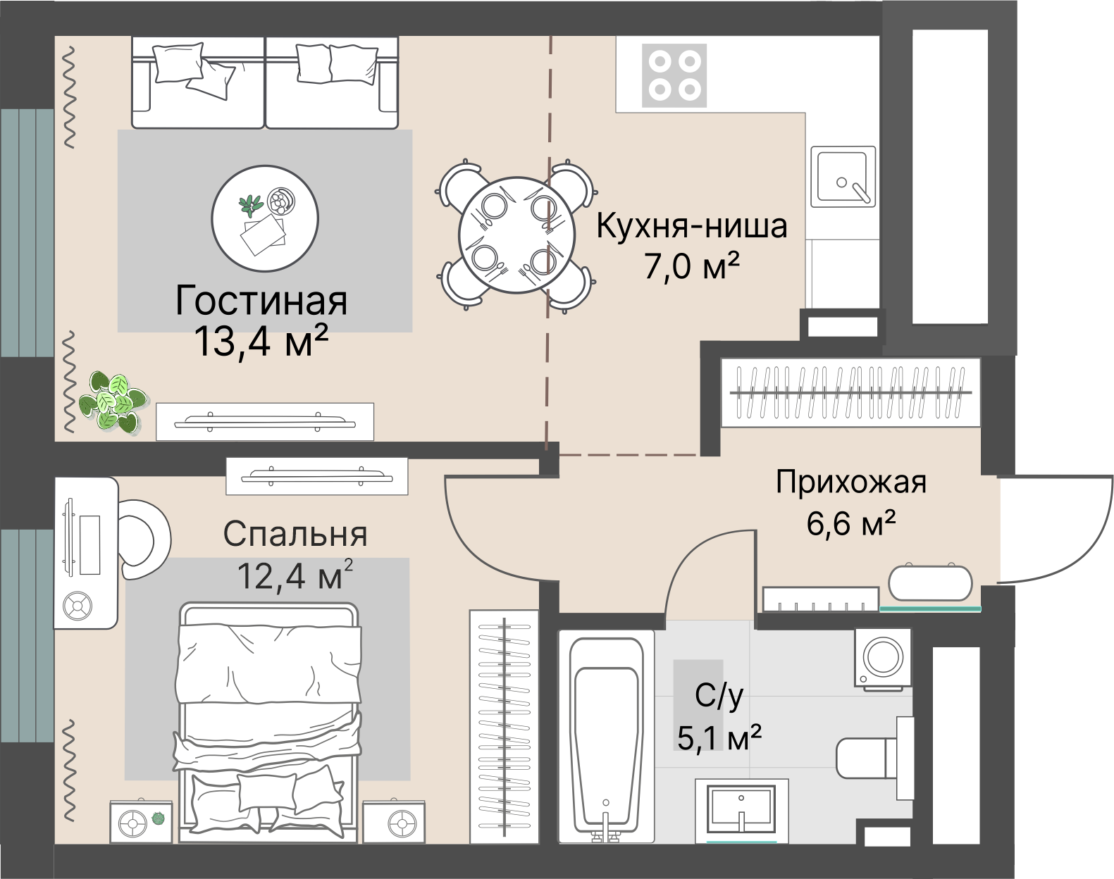 2 к. квартира, «Уралмаш_Дом №1» 1 этап строительства_секция  С1 очередь, пр-кт Космонавтов, д. 25(Уралмаш),  кв. 7, пд.1, эт. 3/29, 44,5 м², 9 398 000 ₽, 211 191 ₽/м²