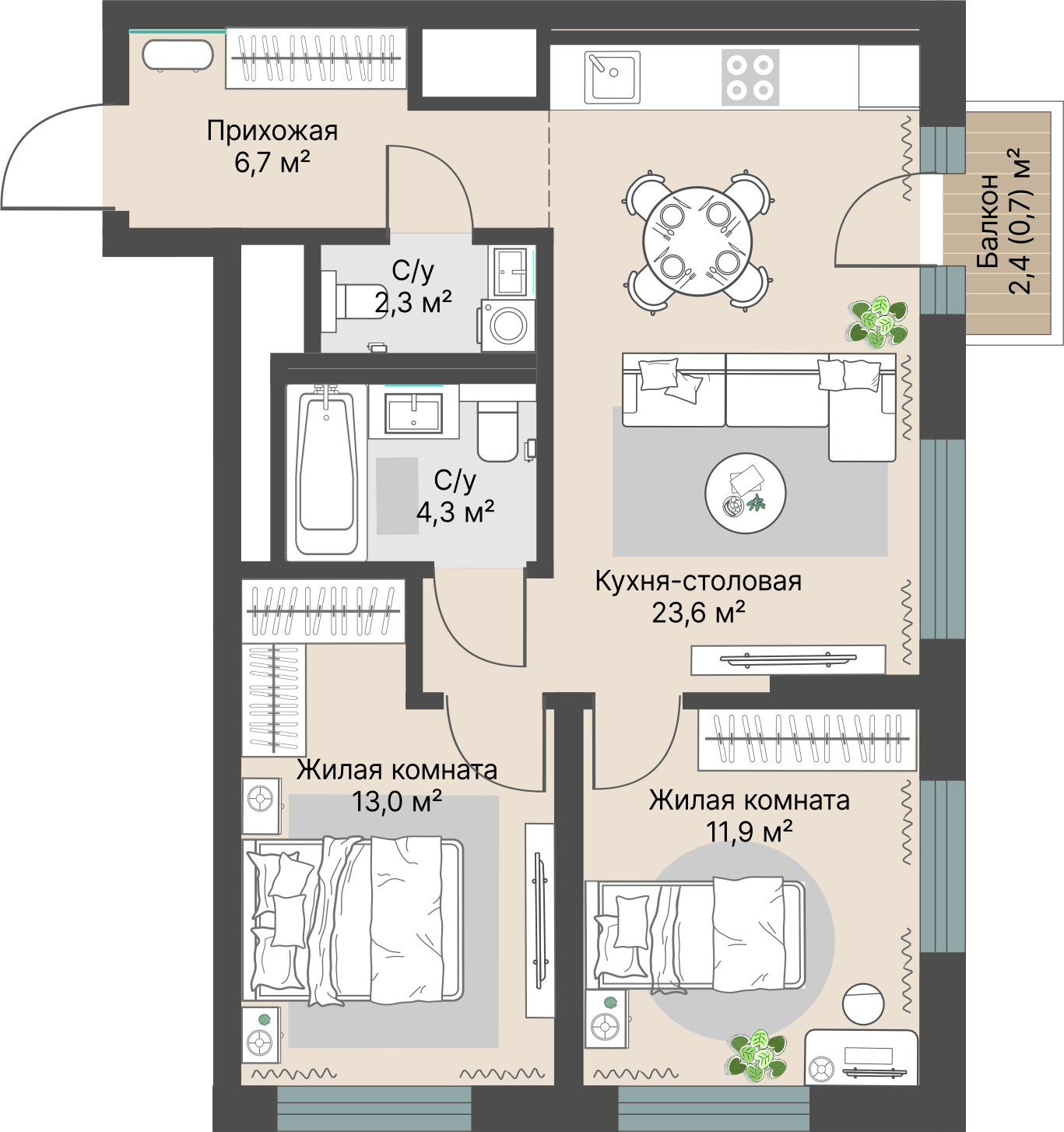 2 к. квартира, «Уралмаш_Дом №1» 1 этап строительства_секция  С1 очередь, пр-кт Космонавтов, д. 25(Уралмаш),  кв. 42, пд.1, эт. 7/29, 62,4 м², 11 660 000 ₽, 186 859 ₽/м²