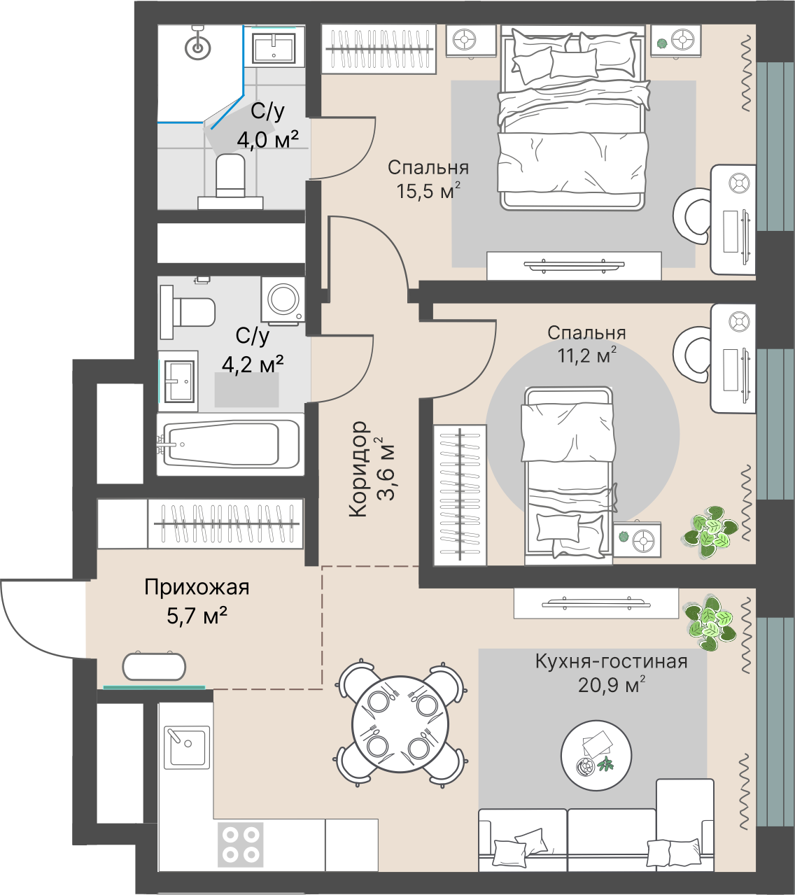 2 к. квартира, «Уралмаш_Дом №1» 1 этап строительства_секция  С1 очередь, пр-кт Космонавтов, д. 25(Уралмаш),  кв. 78, пд.1, эт. 10/29, 65,1 м², 11 928 000 ₽, 183 226 ₽/м²