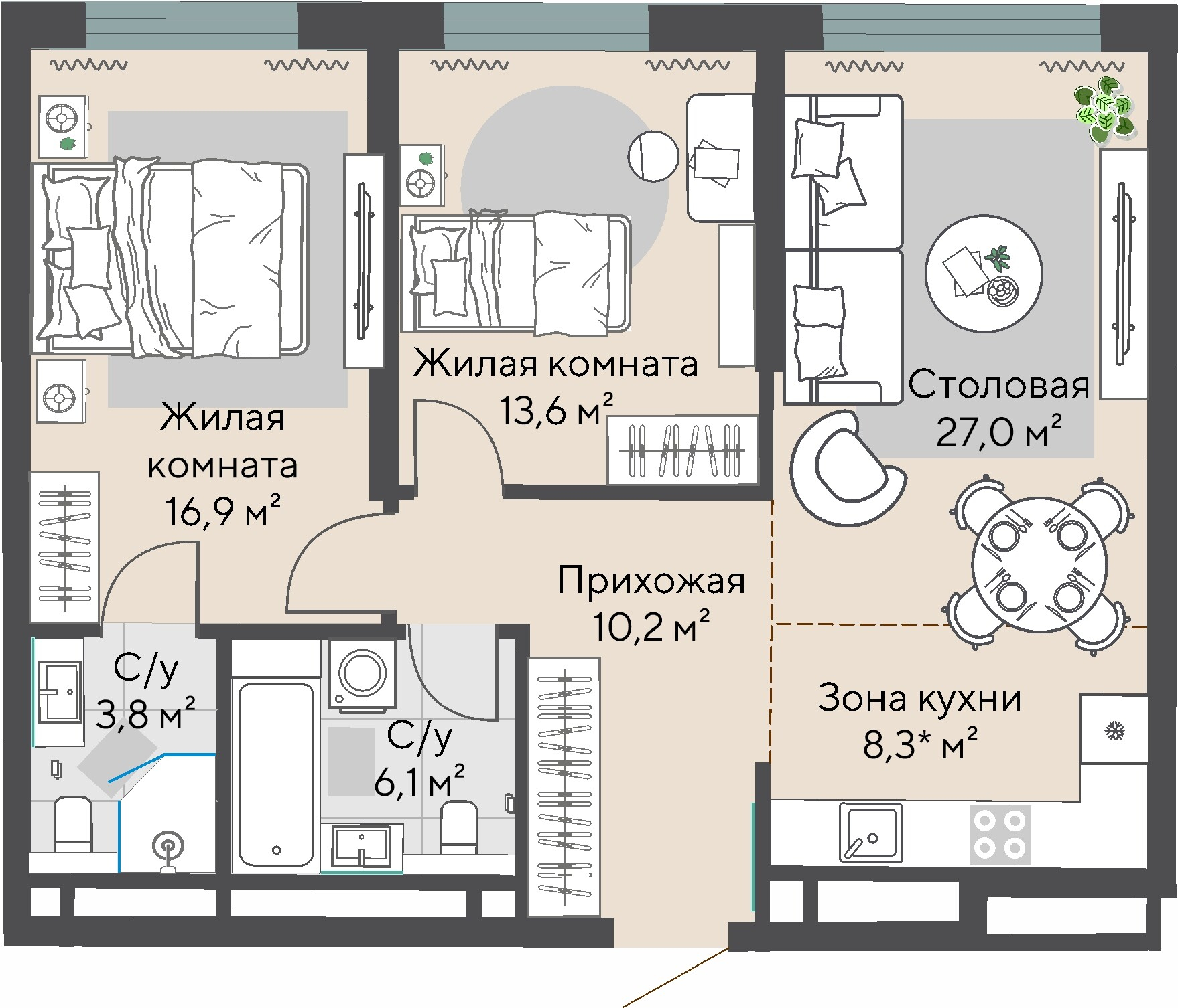 2 к. квартира, ЖК «Никольский» 2 очередь, ул. Белинского, д. 101/1,  кв. К3-11-3, пд.3, эт. 11/27, 77,6 м², 18 319 000 ₽, 236 070 ₽/м²