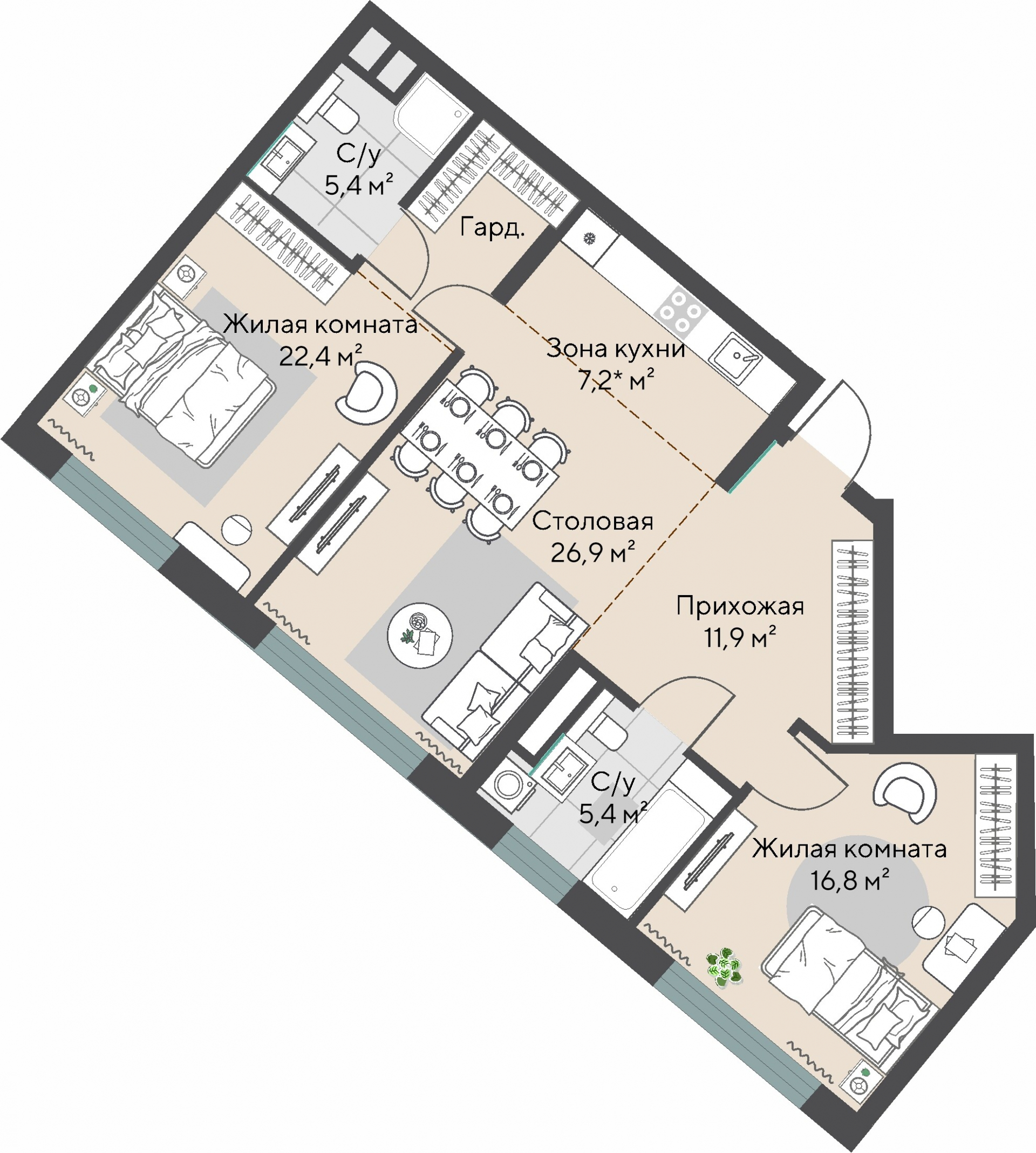 2 к. квартира, ЖК «Никольский» 2 очередь, ул. Белинского, д. 101/1,  кв. К3-11-9, пд.3, эт. 11/27, 88,8 м², 18 462 000 ₽, 207 905 ₽/м²