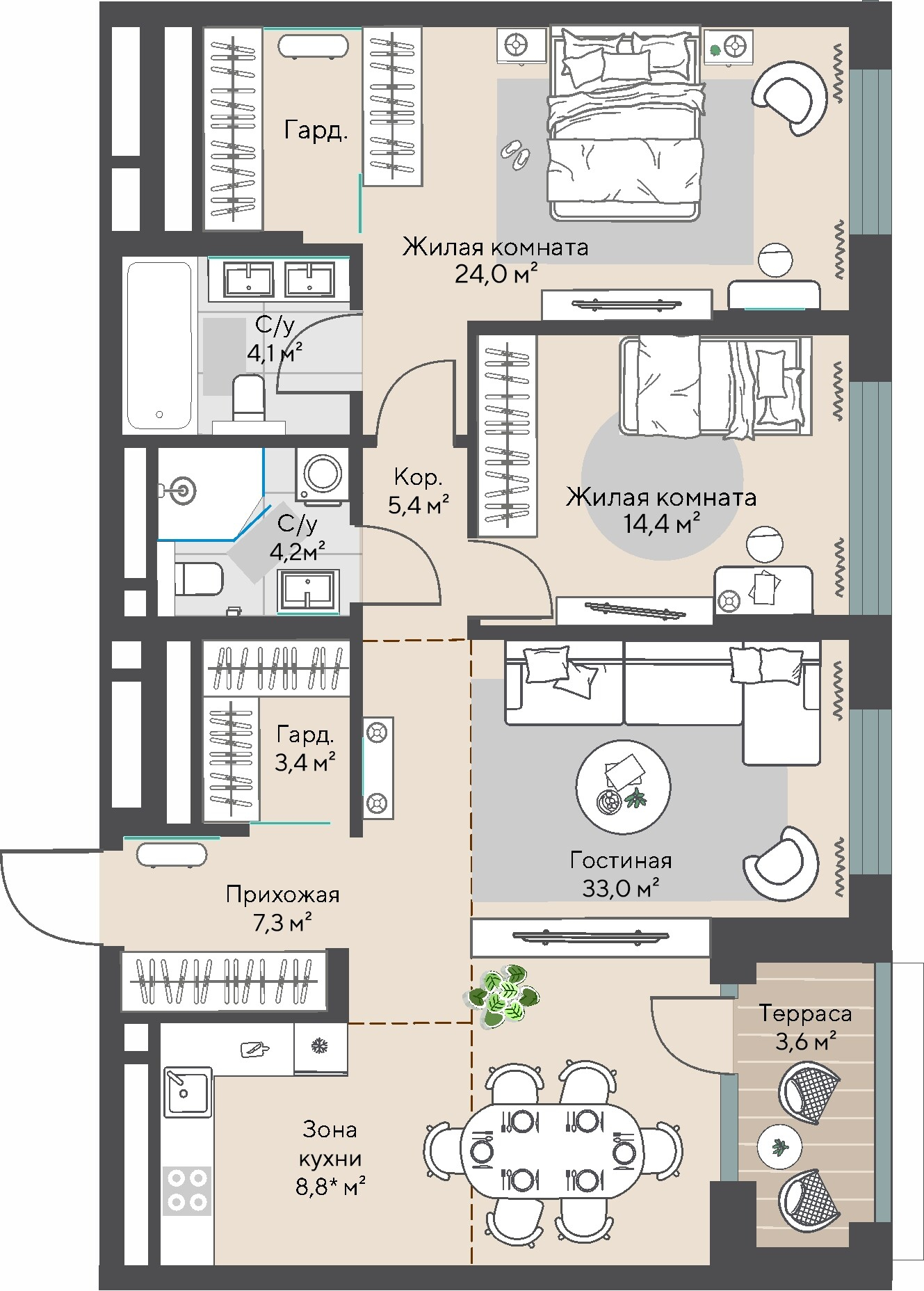 2 к. квартира, ЖК «Никольский» 2 очередь, ул. Белинского, д. 101/1,  кв. К3-26-4, пд.3, эт. 26/27, 96,9 м², 26 235 000 ₽, 270 743 ₽/м²