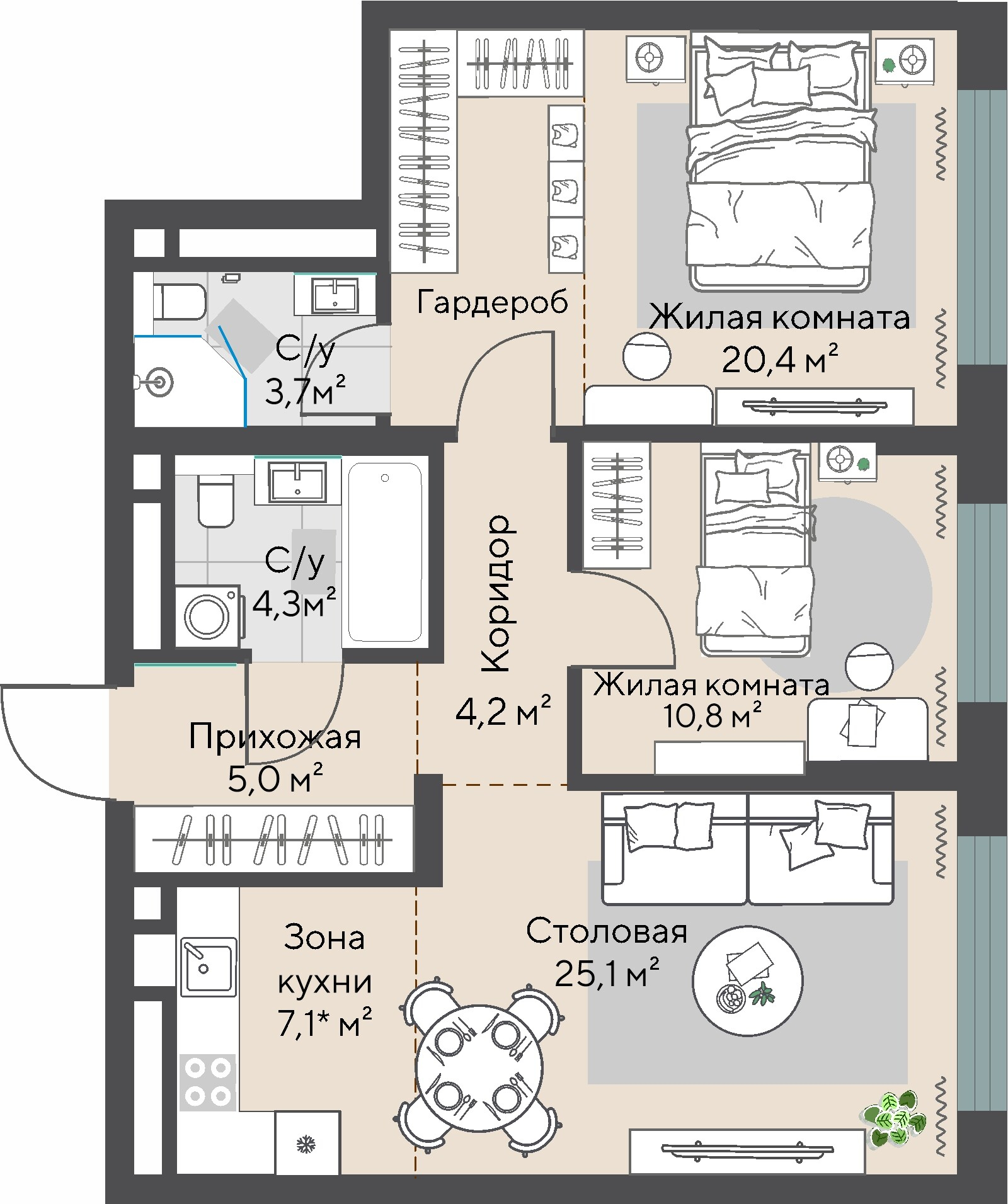 2 к. квартира, ЖК «Никольский» 2 очередь, ул. Белинского, д. 101/1,  кв. К3-19-5, пд.3, эт. 19/27, 73,5 м², 19 143 000 ₽, 260 449 ₽/м²