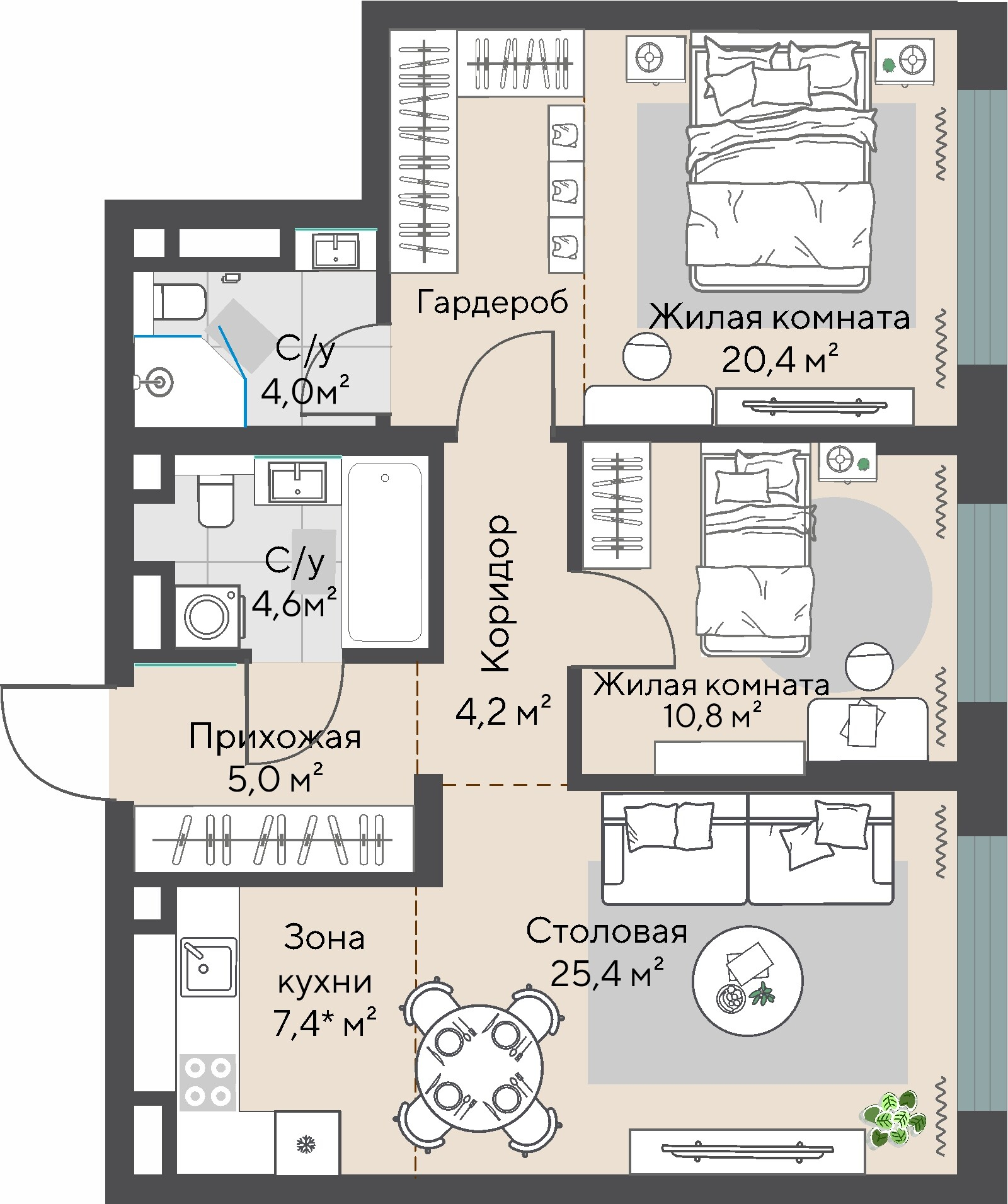 2 к. квартира, ЖК «Никольский» 2 очередь, ул. Белинского, д. 101/1,  кв. К3-11-5, пд.3, эт. 11/27, 74,4 м², 18 407 000 ₽, 247 406 ₽/м²