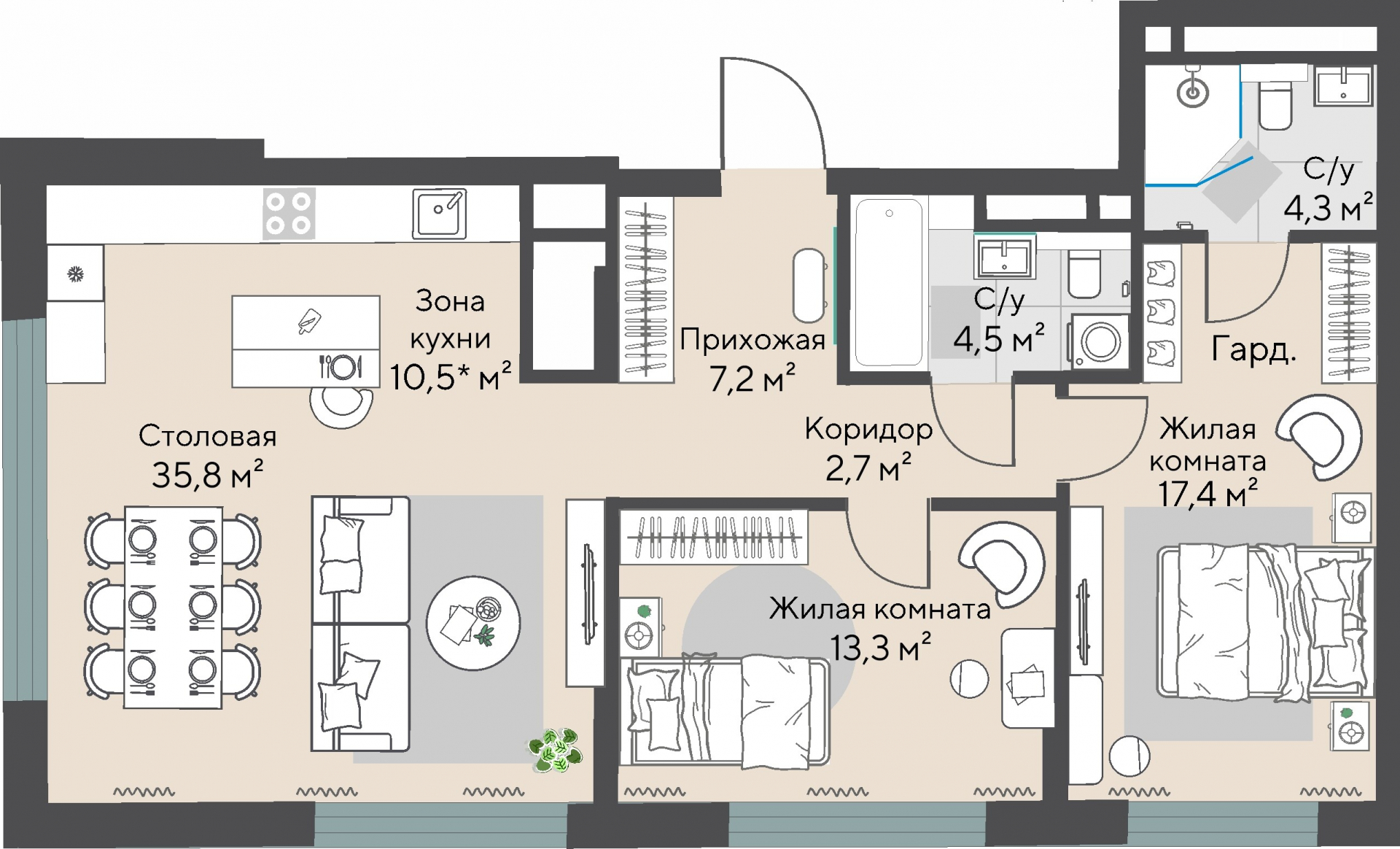 2 к. квартира, ЖК «Никольский» 2 очередь, ул. Белинского, д. 101/1,  кв. К3-19-1, пд.3, эт. 19/27, 85,2 м², 21 121 000 ₽, 247 899 ₽/м²