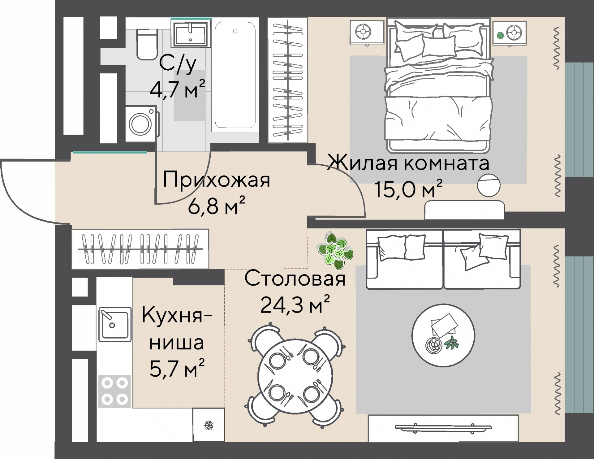 1 к. квартира, ЖК «Никольский» 2 очередь, ул. Белинского, д. 101/1,  кв. К3-19-7, пд.3, эт. 19/27, 50,8 м², 14 684 000 ₽, 289 055 ₽/м²