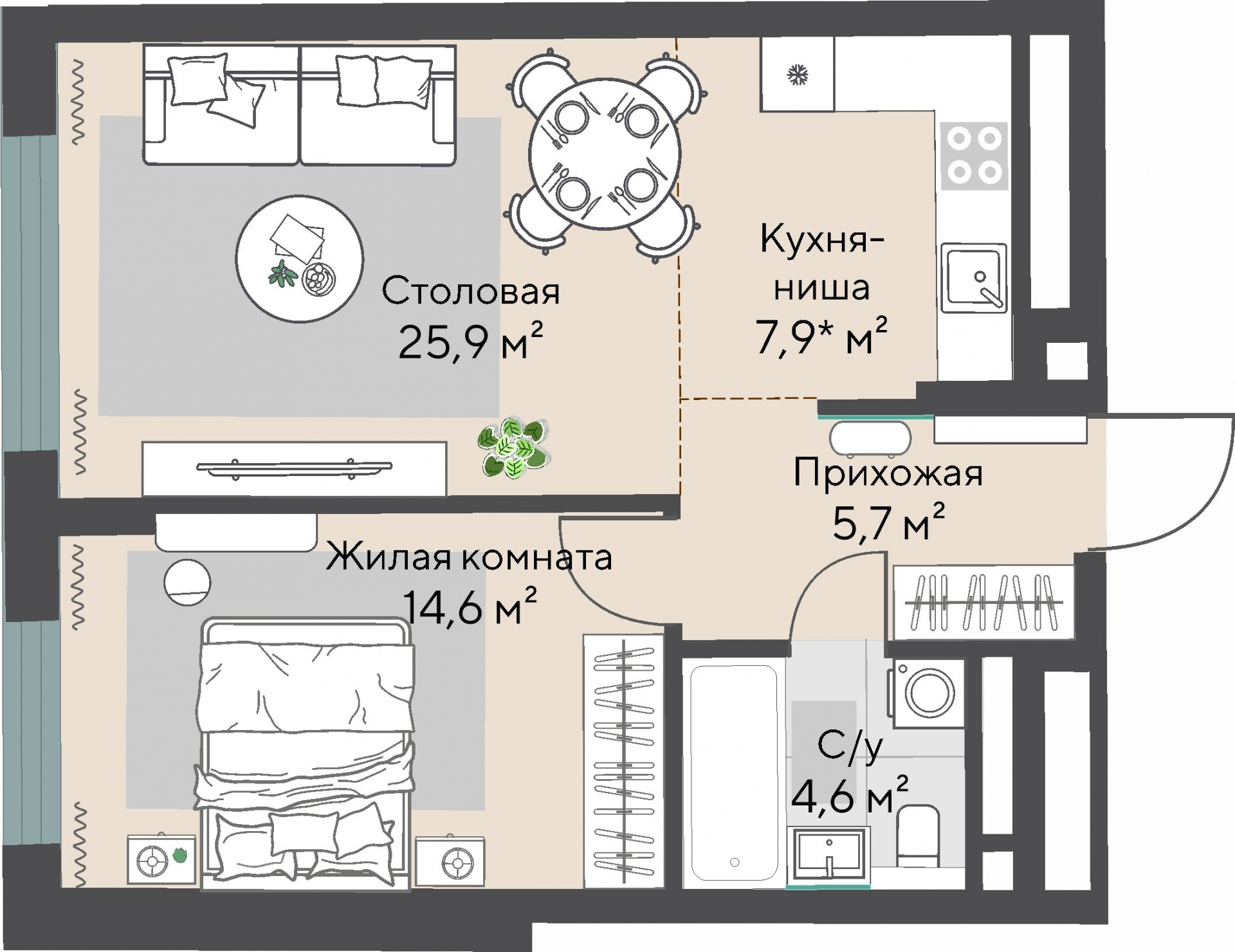 1 к. квартира, ЖК «Никольский» 2 очередь, ул. Белинского, д. 101/1,  кв. К3-8-2, пд.3, эт. 8/27, 50,6 м², 14 109 000 ₽, 278 834 ₽/м²