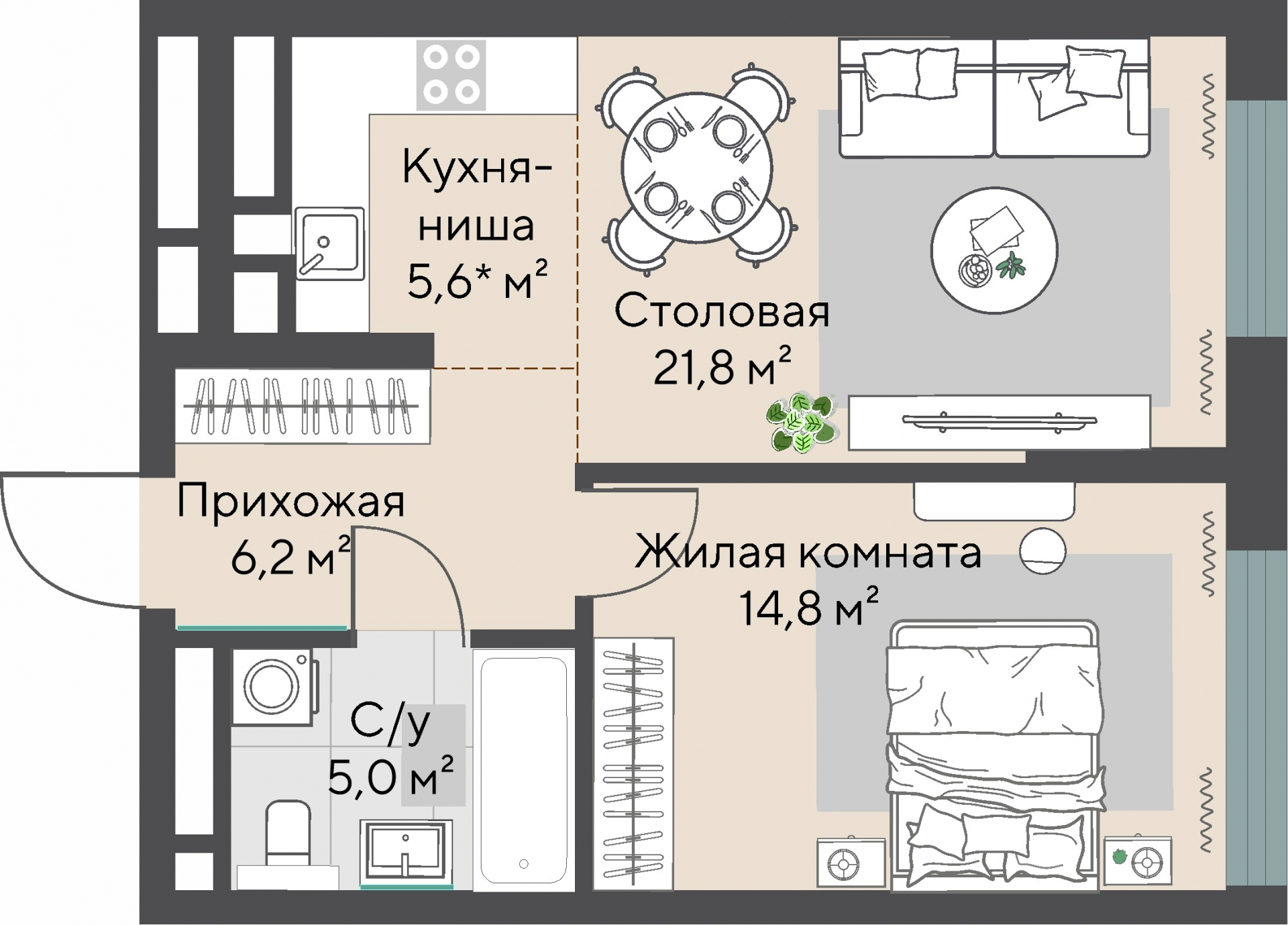1 к. квартира, ЖК «Никольский» 2 очередь, ул. Белинского, д. 101/1,  кв. К3-16-6, пд.3, эт. 16/27, 47,8 м², 14 232 000 ₽, 297 741 ₽/м²